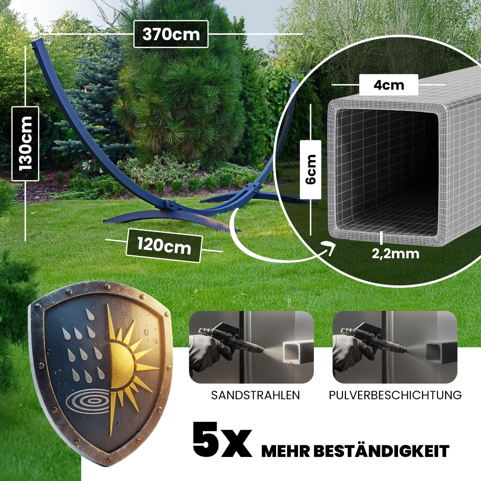 Potenza Tytan Gestell Outdoor Hängemattengestell XXL 370cm, 350kg I Gestell für Hängematten, Rahmen aus Stahl wetterfest (Basic Graphit)