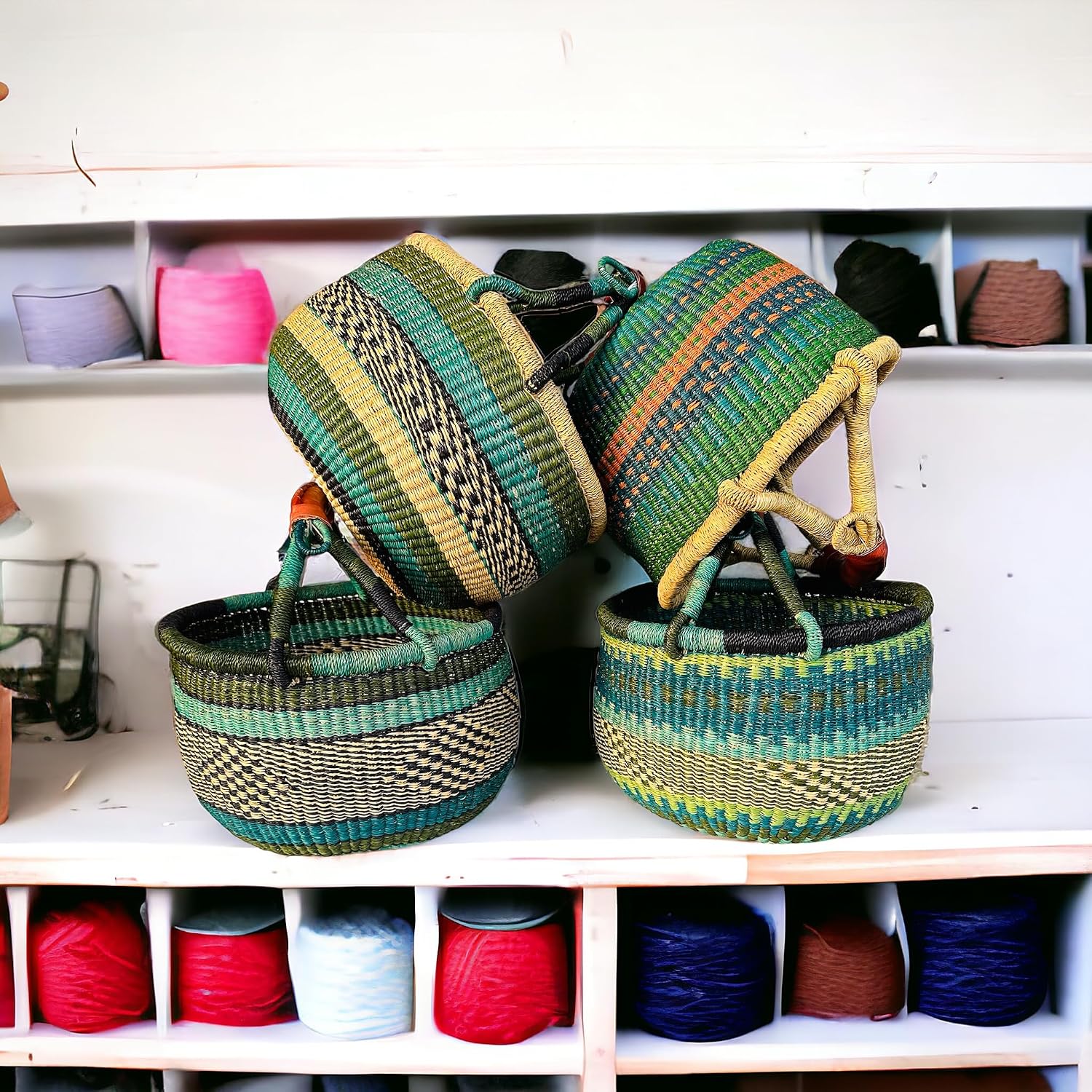 AFRICAN MARKET BASKET | Toys BASKET | BOOK STORAGE | BOLGA FROM GHANA MEDIUM 11-13" ACROSS (Colors Vary) Green 1 EA image 5