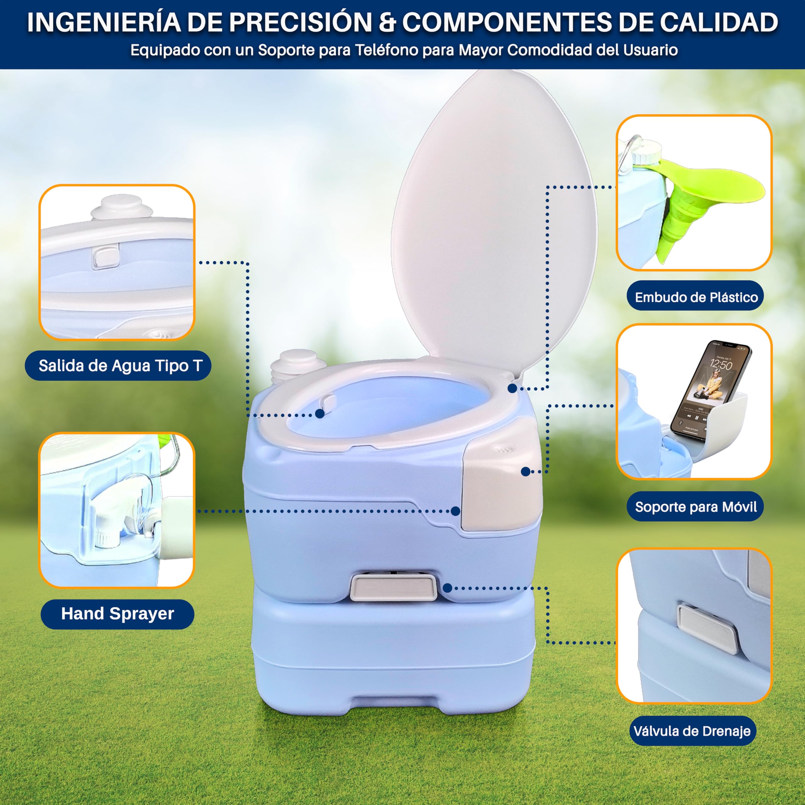 SereneLife WC portatil, Inodoro, Baño, con Bolsa de Transporte, Rociador Manual, Soporte para movil, Interiores, Exteriores, Liviano, Camping, Barcos, Viajes, 15L, 120 descargas