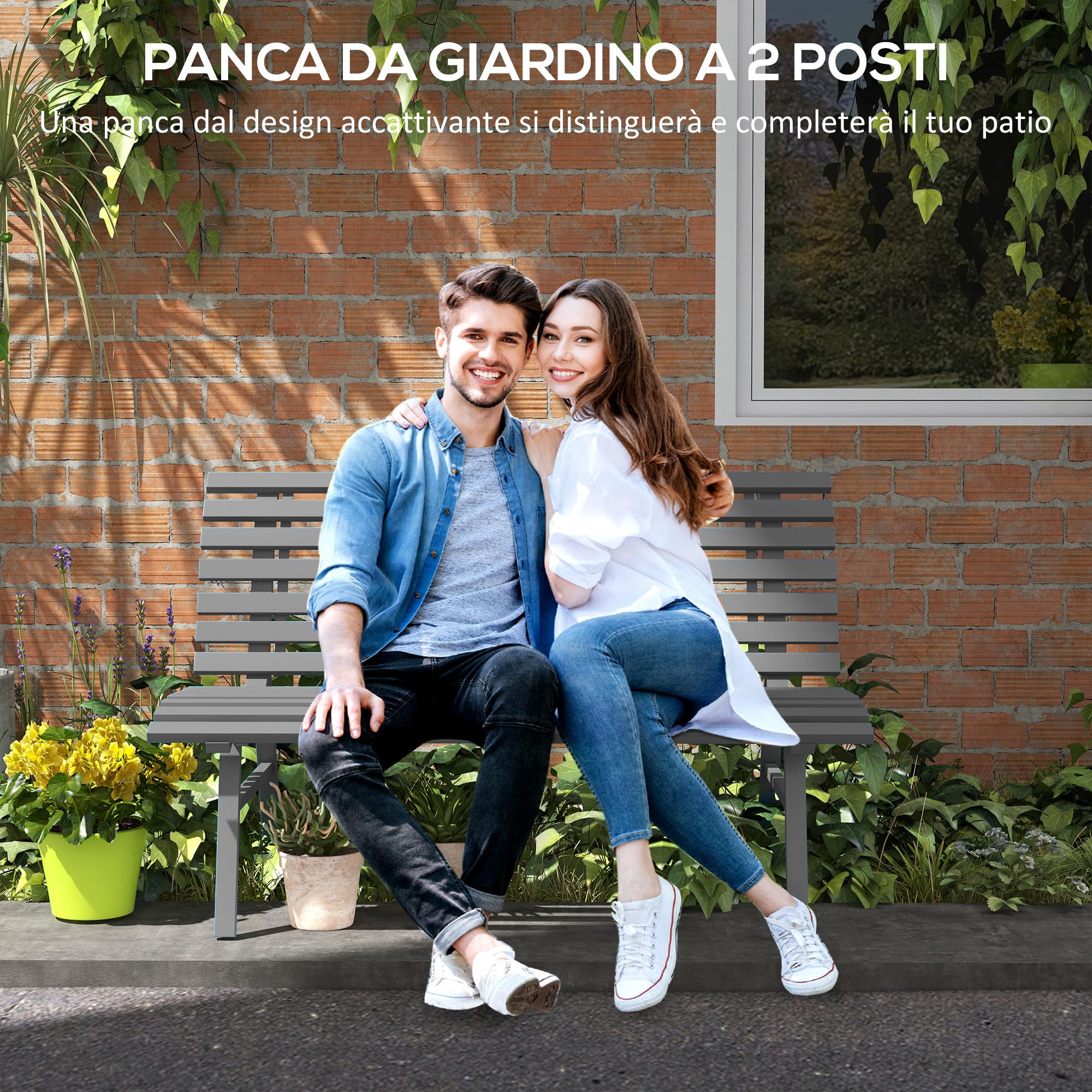 Outsunny Panchina da Giardino da 2 Posti, Panchina da Esterno a Doghe in Alluminio, Panca per Terrazza Patio e Cortile, 123x67x79 cm, Grigio