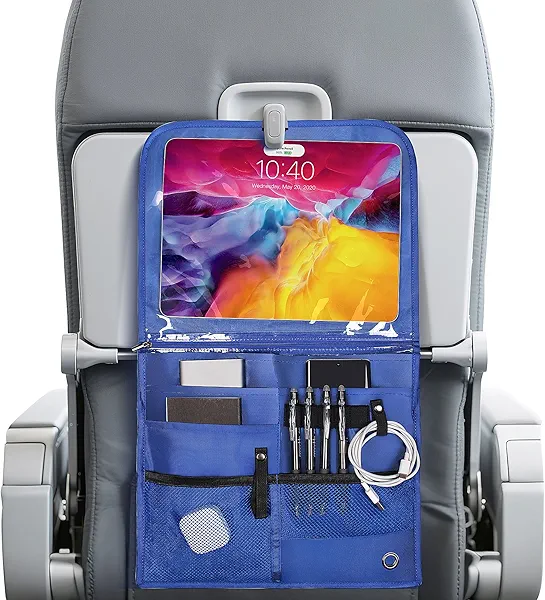 Airplane Pocket Organizer with Tray Table Cover,Portable In Flight Seat Back Organizer & Storage Bag, Commuter Essential Travel Bag Travel Accessories for Flying,Blue (Navy blue)