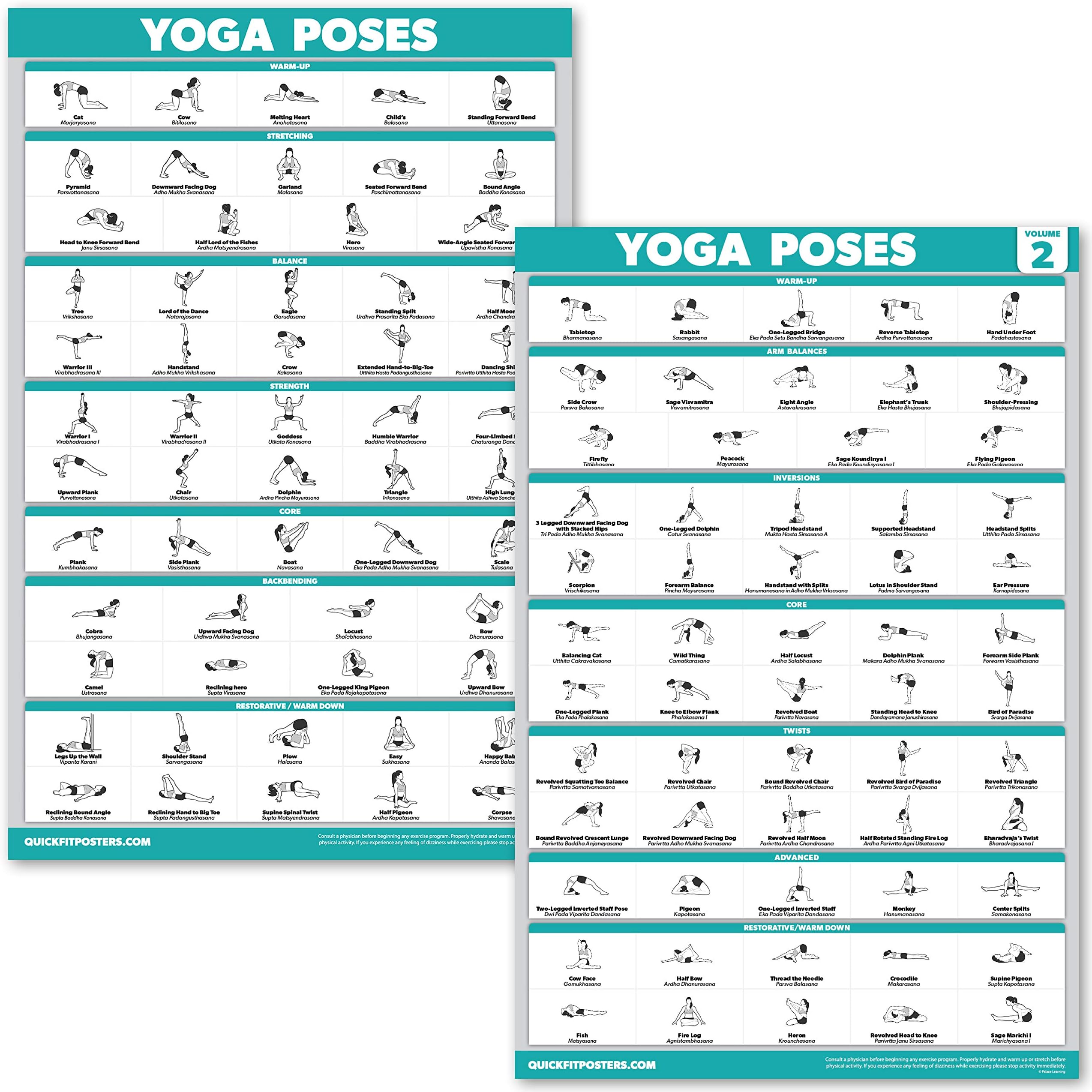 QuickFit 2 Pack - Yoga Poses Poster Set - Beginner Yoga Position Charts - Volume 1 & 2 18" x 27"