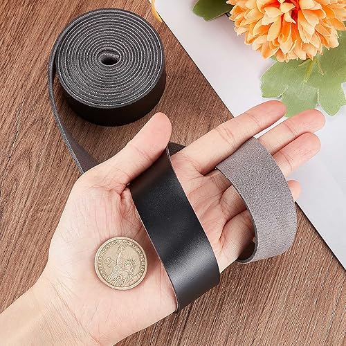 Miniatura 3 de GORGECRAFT Tira de correa de cuero de 1 pulgada de ancho 6.6 ft de largo de grano de cuero negro, cordón plano de una sola cara para manualidades,