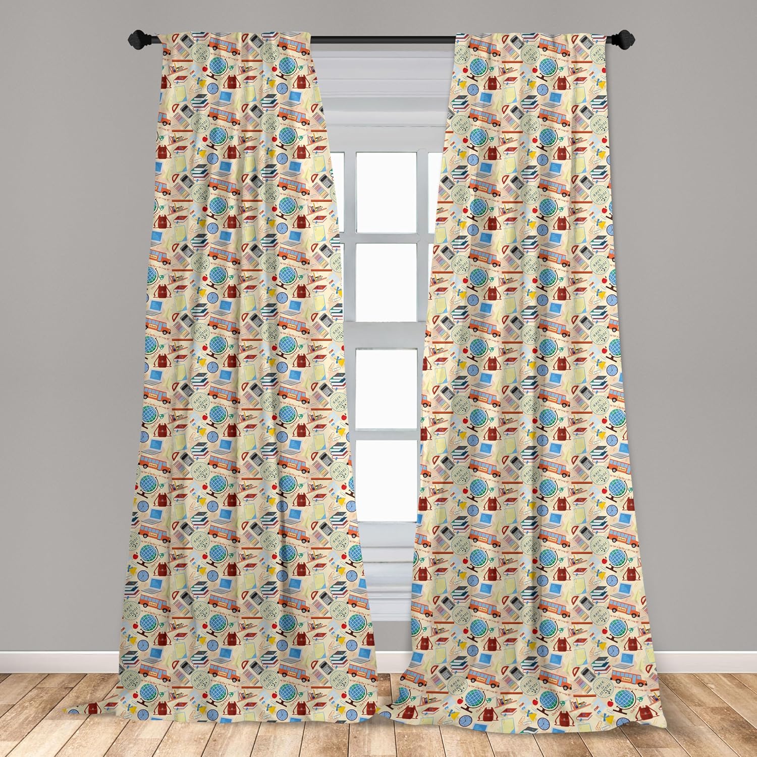 Ambesonne Cartoon Window Curtains, Repetitive Vintage Pattern of Globe Laptops Notes and Bus Funny Print, Lightweight Decor 2-Panel Set with Rod Pocket, Pair of - 28" x 63", Champagne and Multicolor