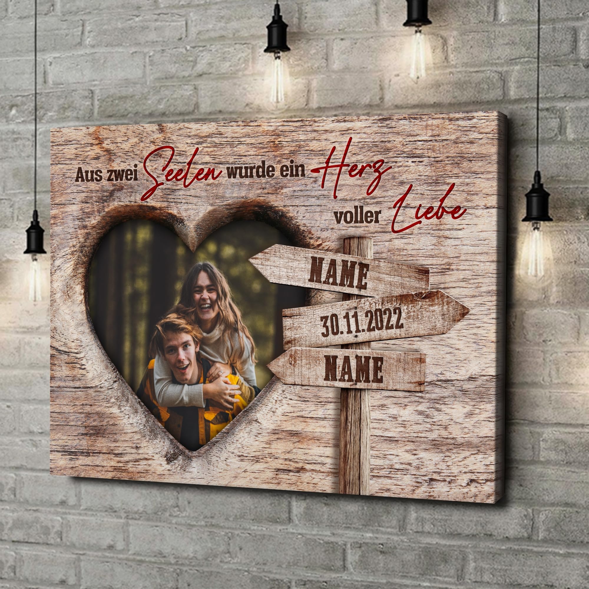 Liebesleinwand Leinwand mit Foto personalisiert | Geschenk für sie oder ihn zum Jahrestag, Verlobung, Hochzeitstag | Leinwandbild gestalten mit Namen und Datum | Romantische Gedanken
