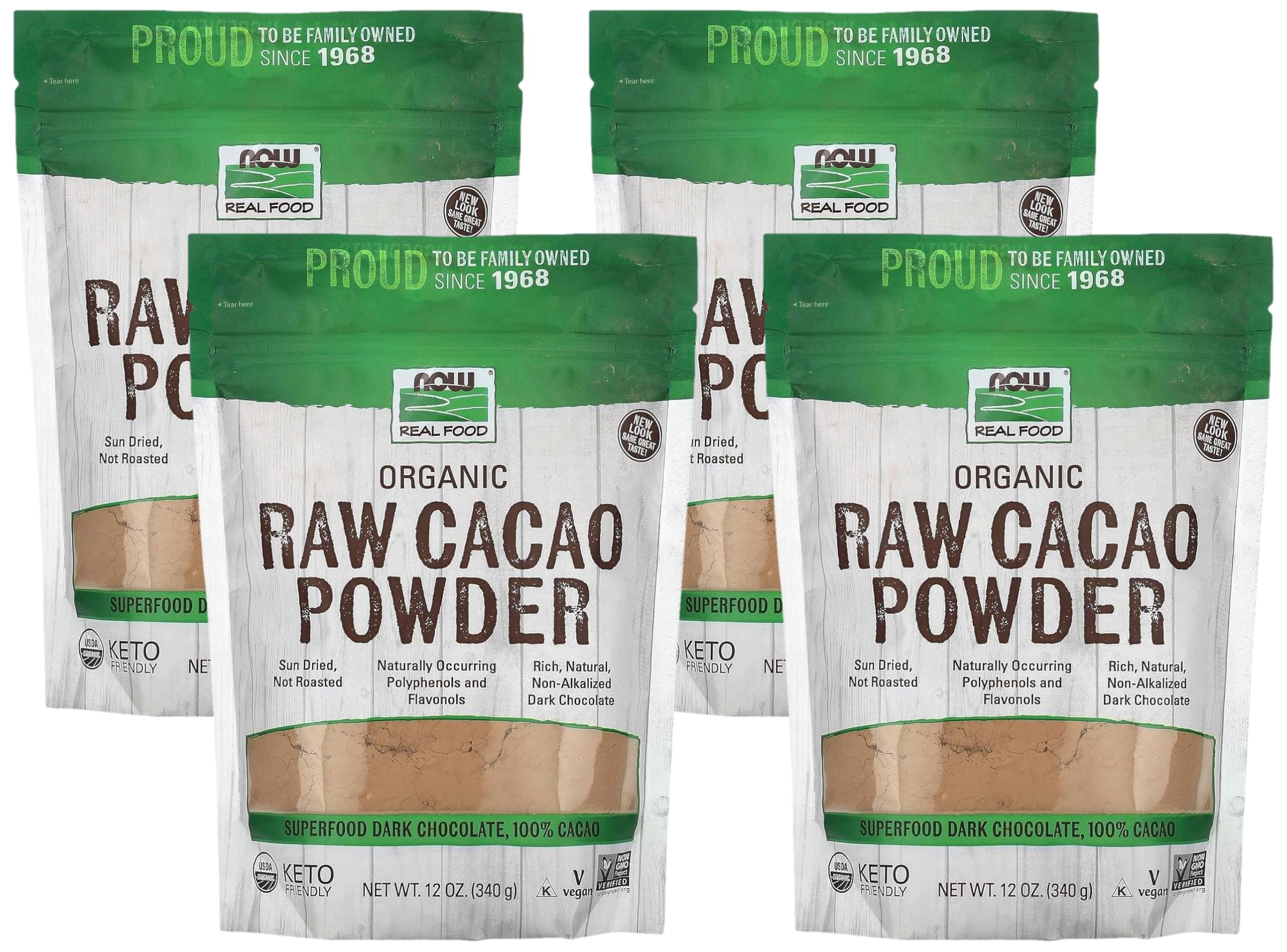 NOW Foods, Organic Raw Cacao Powder, with Polyphenols and Flavonols, Sun-Dried, Intensely Rich Flavor, 12-Ounce (Packaging May Vary) (Pack of 4)