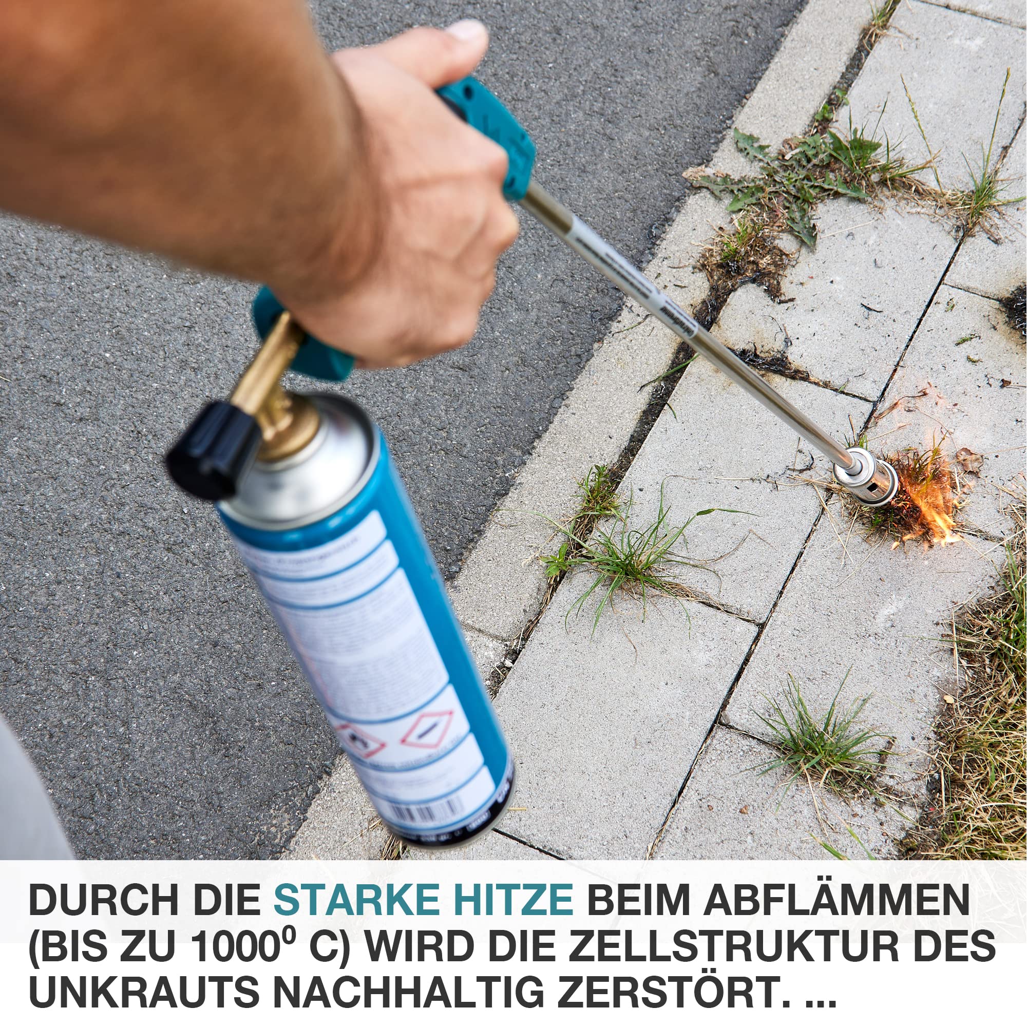 TOM Gas Unkrautbrenner Set + 4 x 330 g Universal Gasflasche mit Schraubgewinde 600 ml – Abflämmgerät ideal zur Unkrautvernichtung auf Pflastersteinen, Gehwege, Pflasterfugen. Grillanzünder, Blau