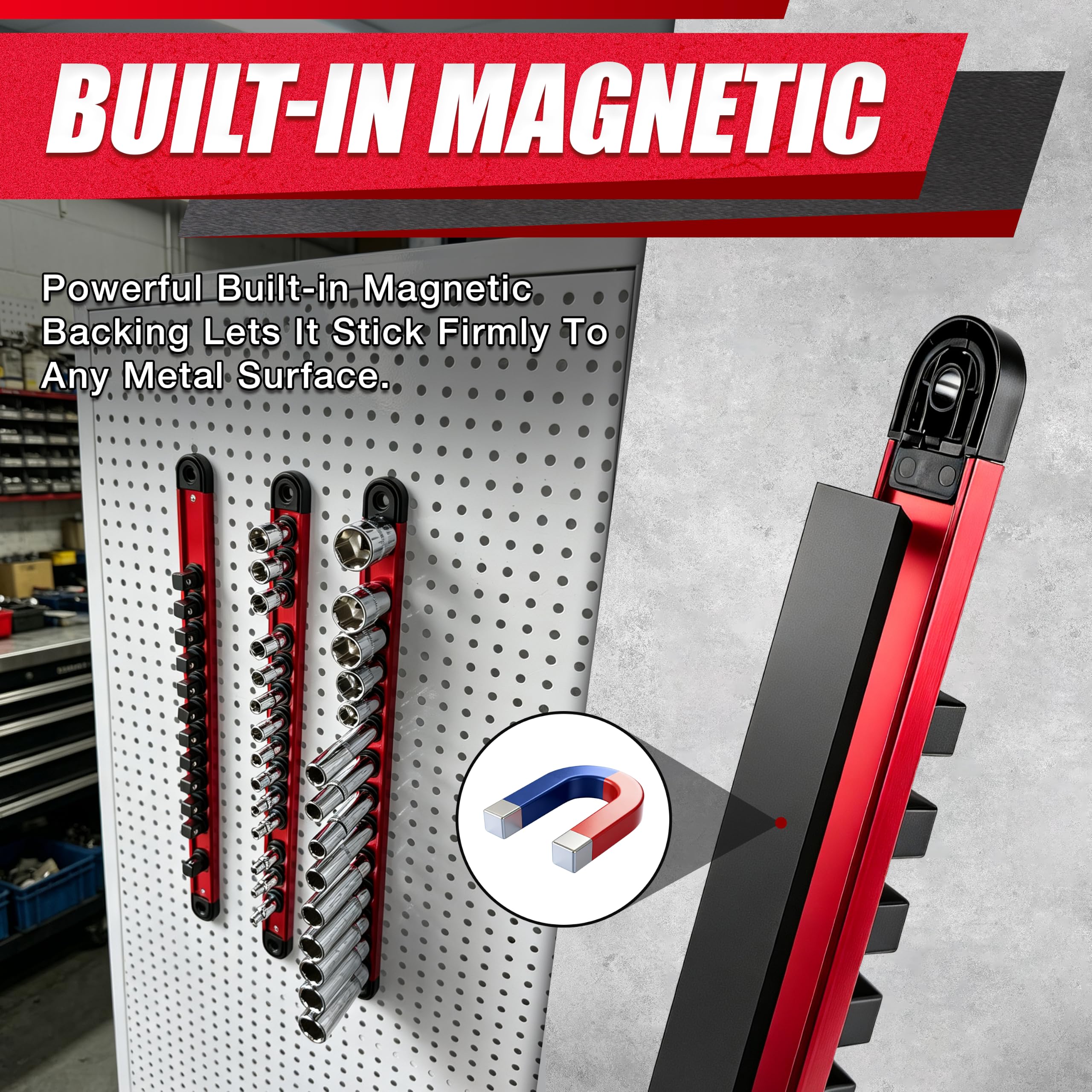 EACELIY Set di 9 supporti magnetici da 1/4, 3/8, 1/2, in ABS, per cassetta degli attrezzi, carrello degli attrezzi, organizzazione garage, contiene 120 prese di dimensioni