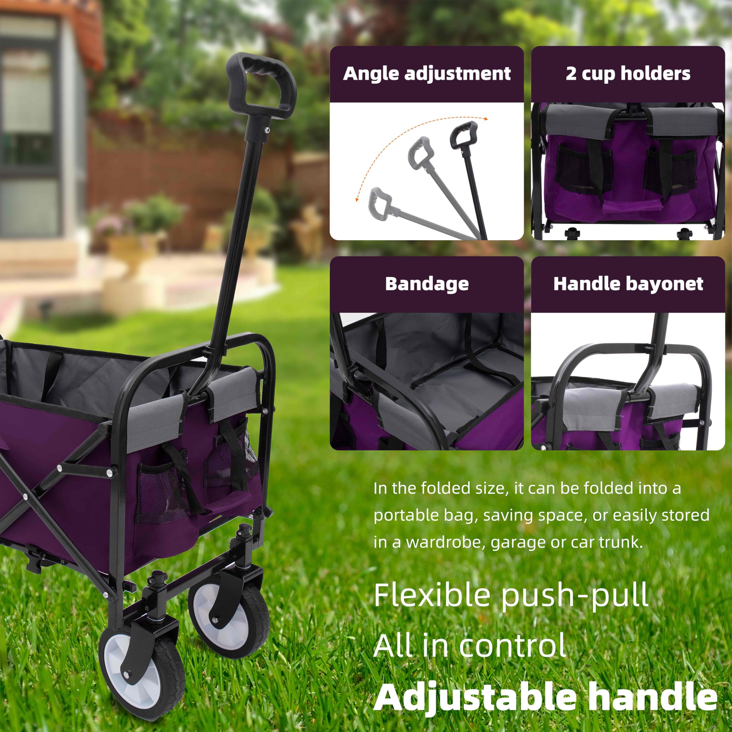 Carrello pieghevole da esterno 3 in 1 – Carrello multiuso con sistema di cinghie, supporta 102 kg, ideale per shopping, campeggio, spiaggia, sport, giardino, viola