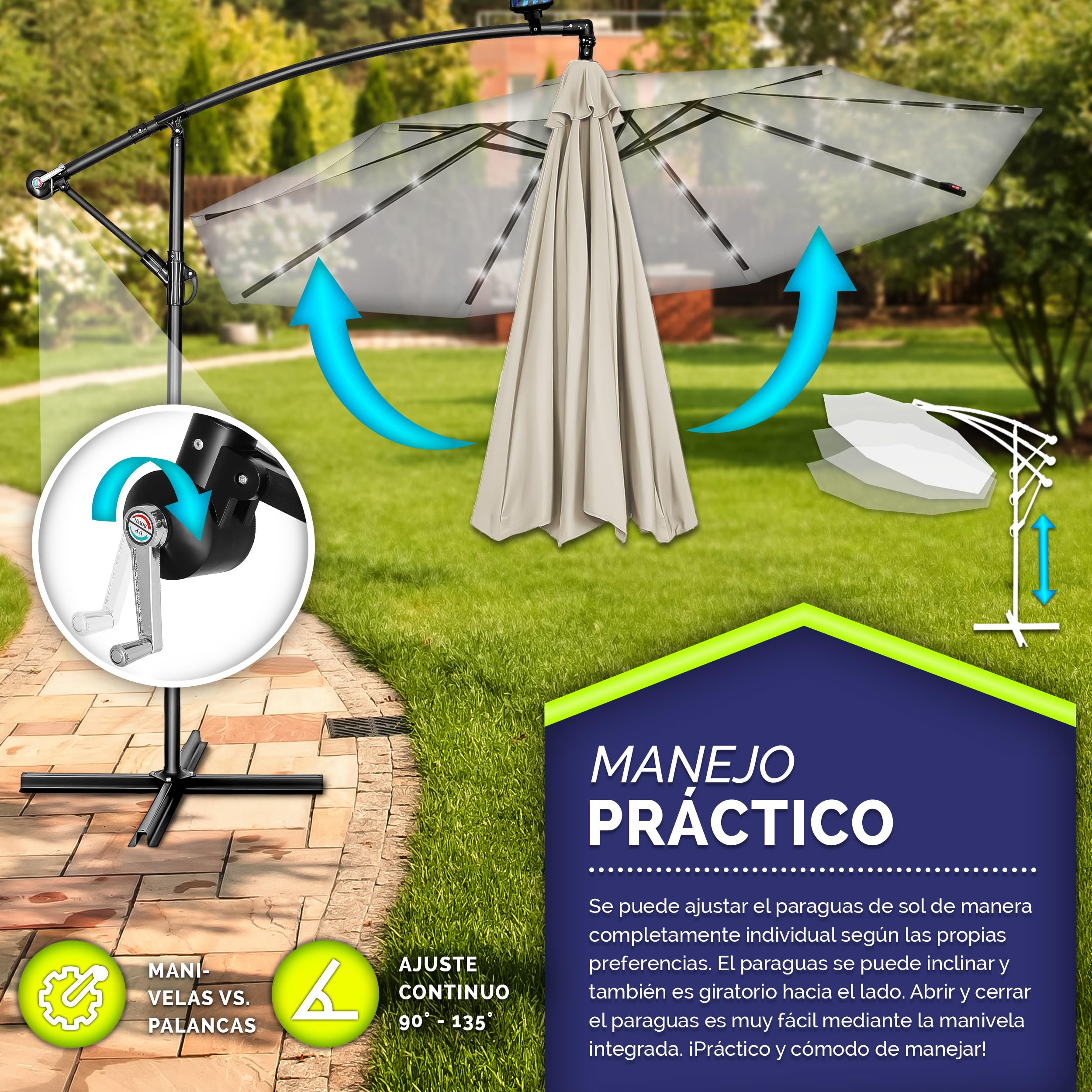 tillvex 300/350 cm Sombrilla Excentrico con 32 Luces LED Solar | Parasol para Terraza Jardín Balcón Patio | con Manivela y Base en Cruz, Giratorio 360º, Protección UV