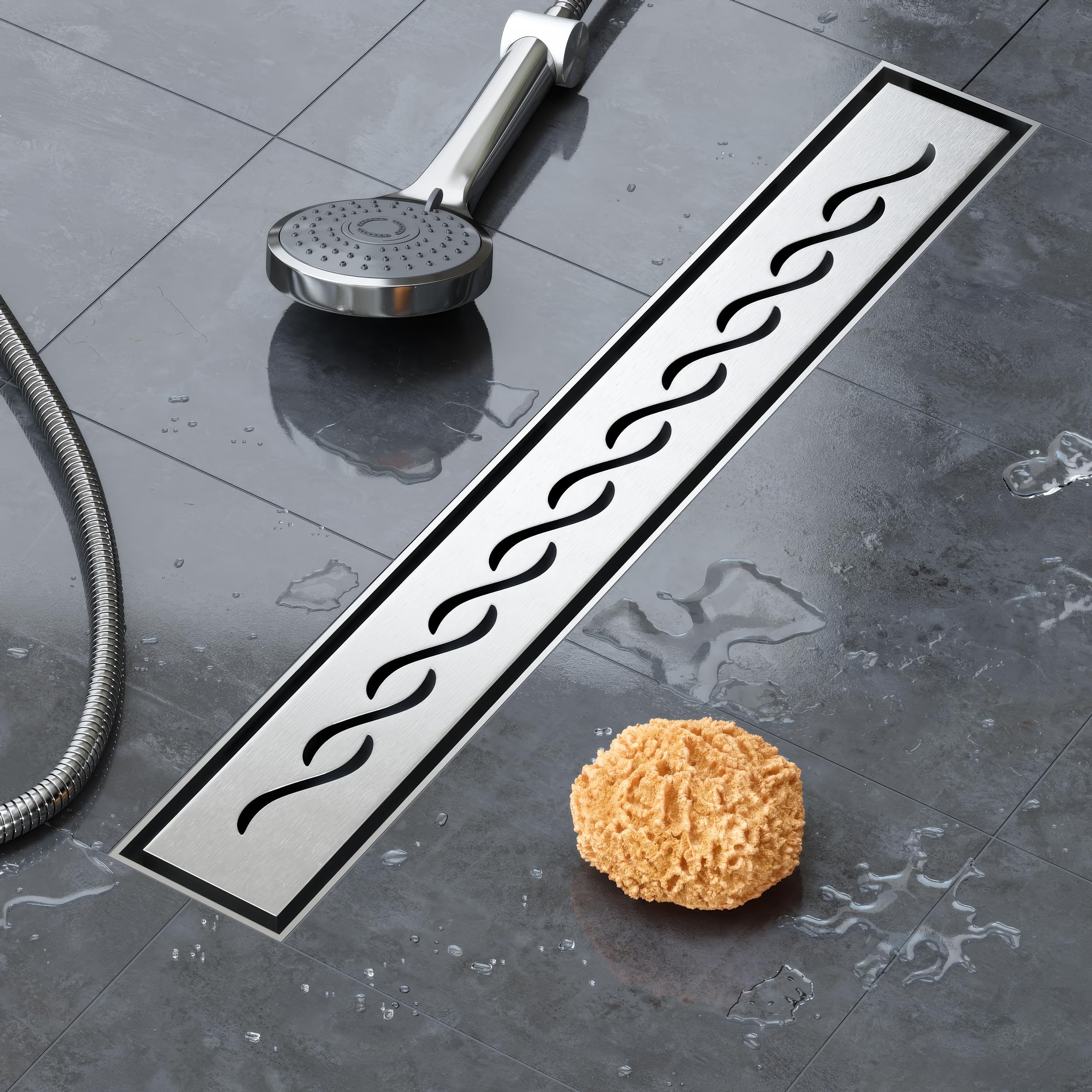 VILSTEIN Duschrinne 60cm Edelstahl, Bodenablauf Komplettset extra flach, Siphon mit Geruchsstop, Haarsieb - Kurze Welle