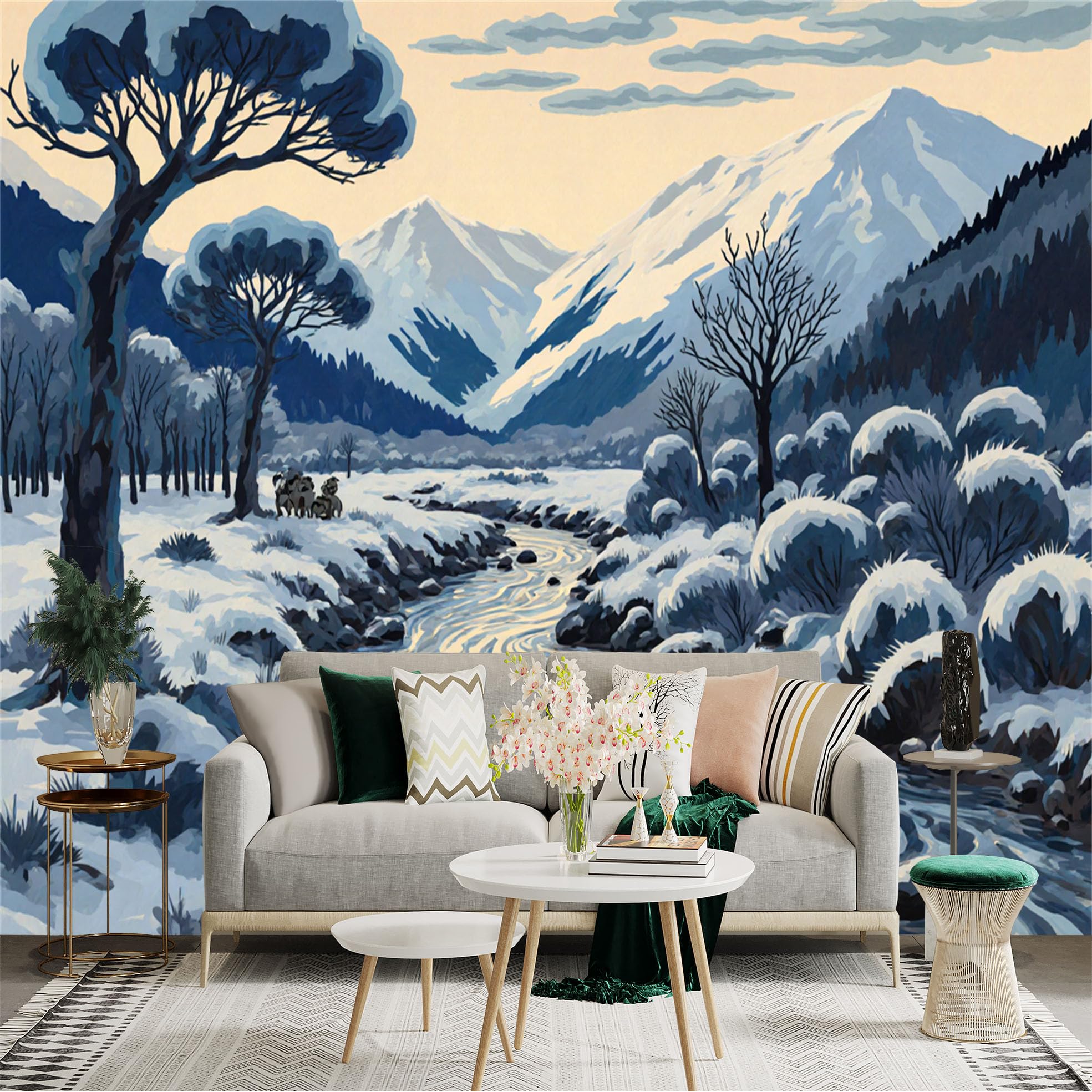 Lnzczhyre Xc260505513 Custom Size Wall Sticker Mural， Winter Landscape With Snowy Mountains， Winding Frozen River， Pine Trees， For Wall Decoration， Peelandstick Wall Decals.