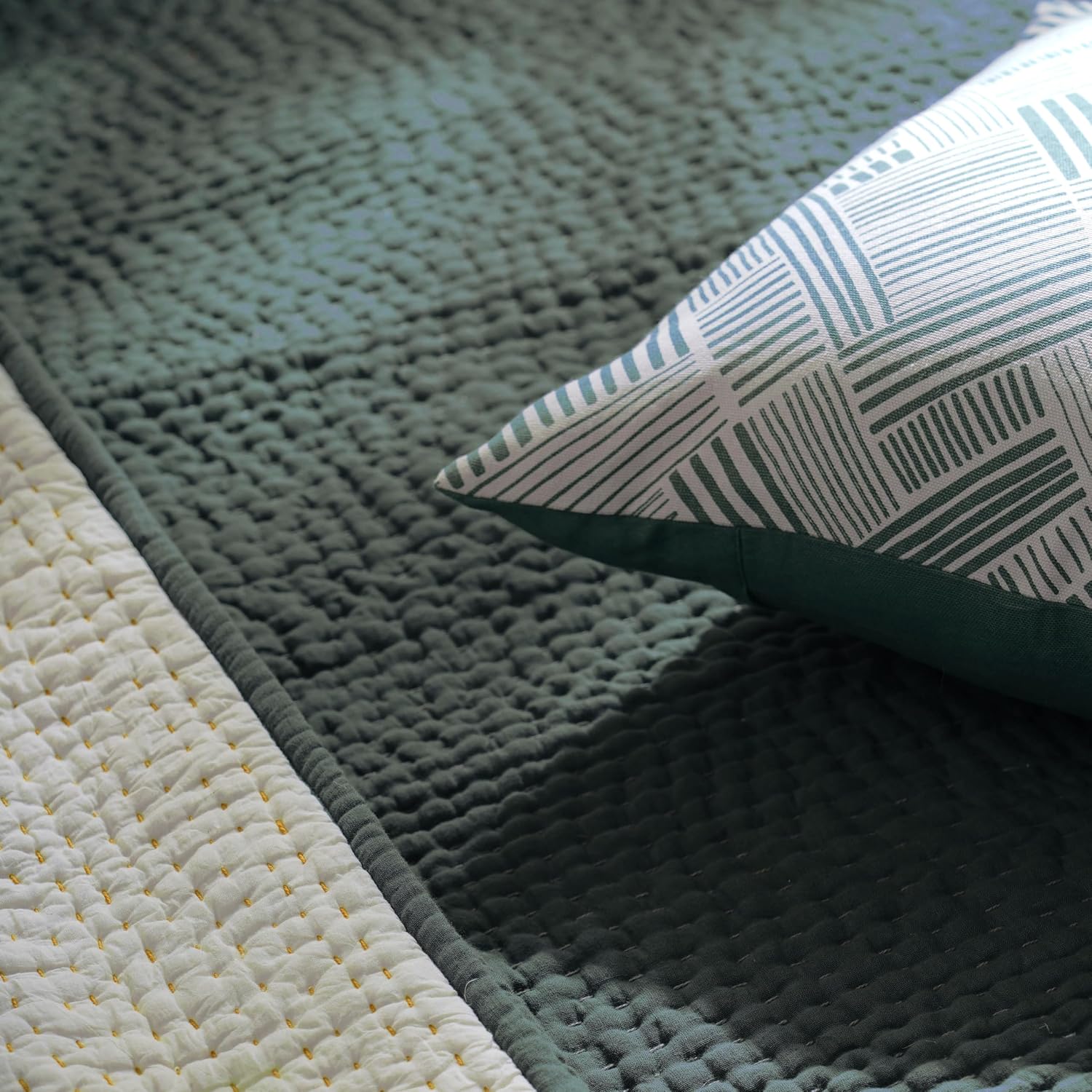 Kantha Quilt - Hand Quilted 4 Layer Muslin Gauze with Cotton Wadding, Olive Green, Queen (U.S. Standard)