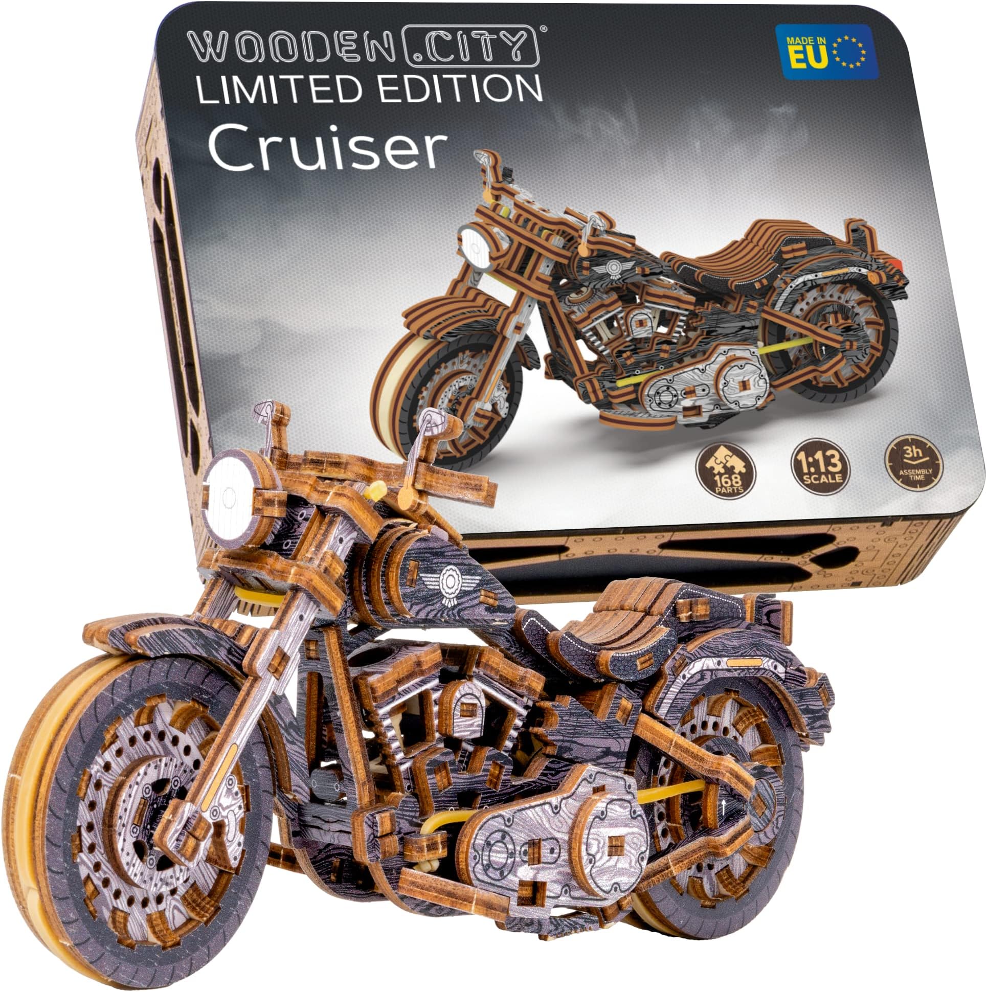 WOODEN.CITY Cruiser V-Twin Limited Edition, Model Kits for Adults to Build, DIY Wooden 3D Puzzle, Model Scale 1:13, 168 Pieces, Mechanical Gears Motorcycle, Rubber Motor, Painted Body