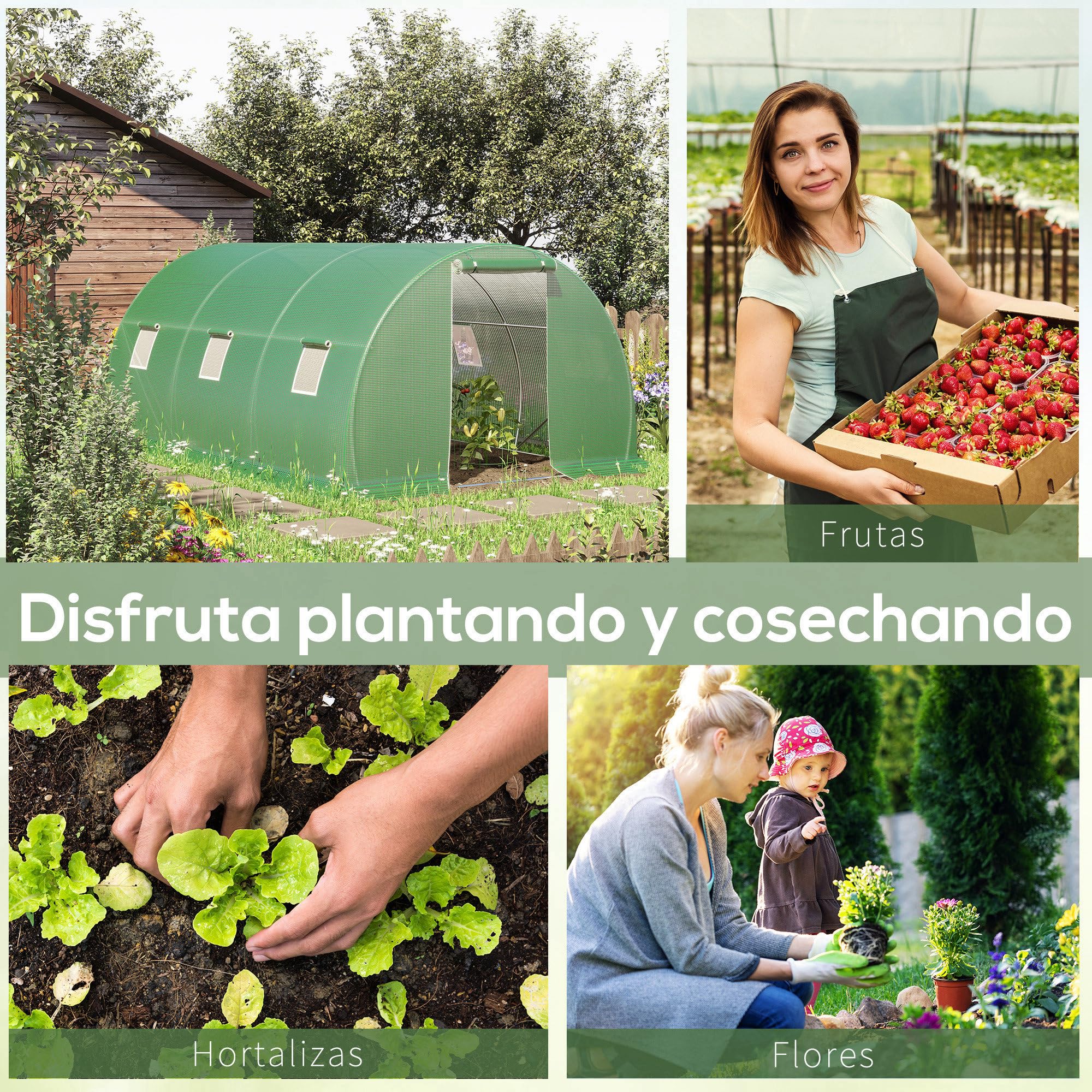 Outsunny Invernadero de Exterior 4,5x3x2 m, Invernadero de Túnel con Puerta Enrollable, 6 Ventanas de Malla, Cubierta PE 140g/m² y Marco de Acero Galvanizado, Anti-UV Impermeable, para Cultivos, Verde