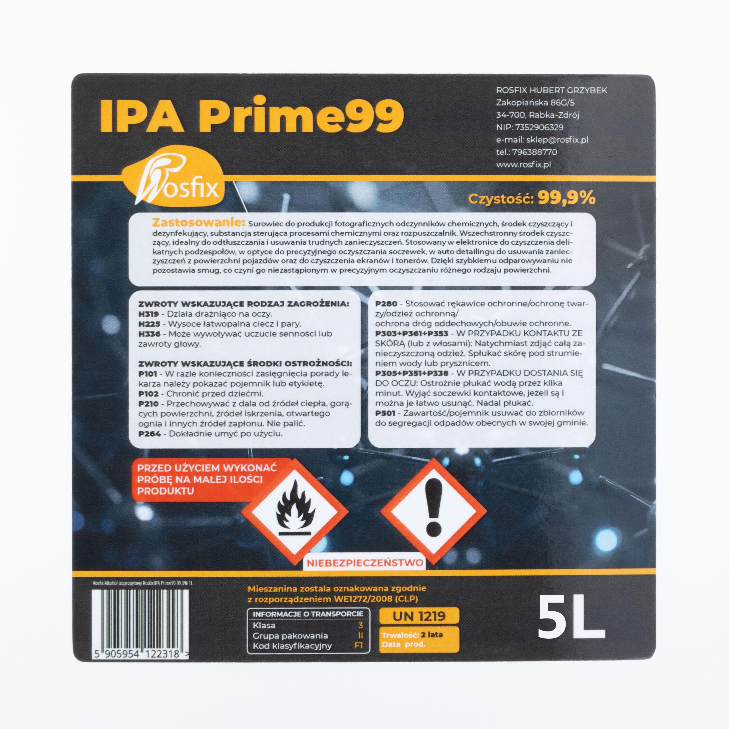 Rosfix IPA Prime99 Alcol Isopropilico 99,9% 5L – Alta Purezza, Evaporazione Rapida, Incolore | Pulizia, Sgrassaggio, Disinfezione | Uso Professionale | Solvente Tecnico