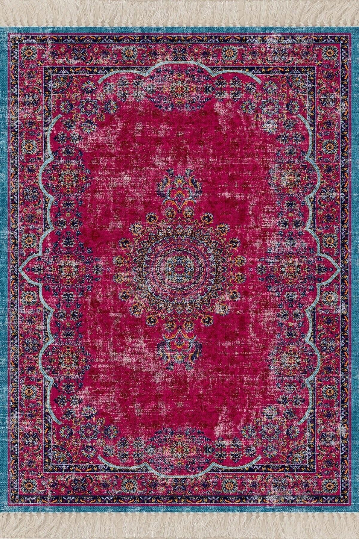 Pelangi Osmanlı Motif Kilim Desen Dijital Baskı Yıkanabilir Kaymaz Taban Etnik Salon Halı, Pembe 100 x 250