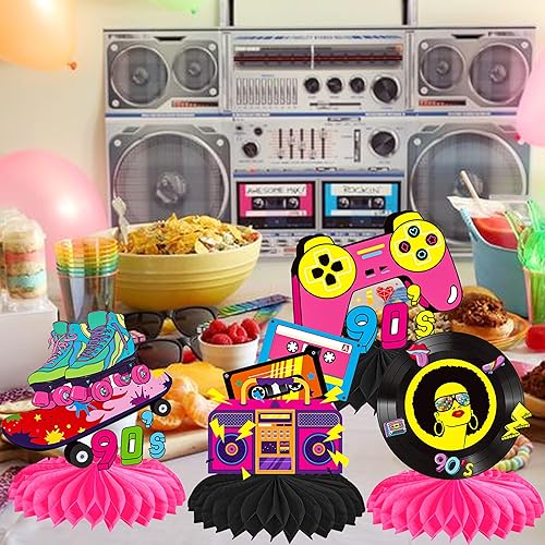 Miniatura 6 de 12 centros de mesa retro de panal de los años 90, centros de mesa de los años 90 para decoración de fiesta de regreso a los años 90 para fiestas de