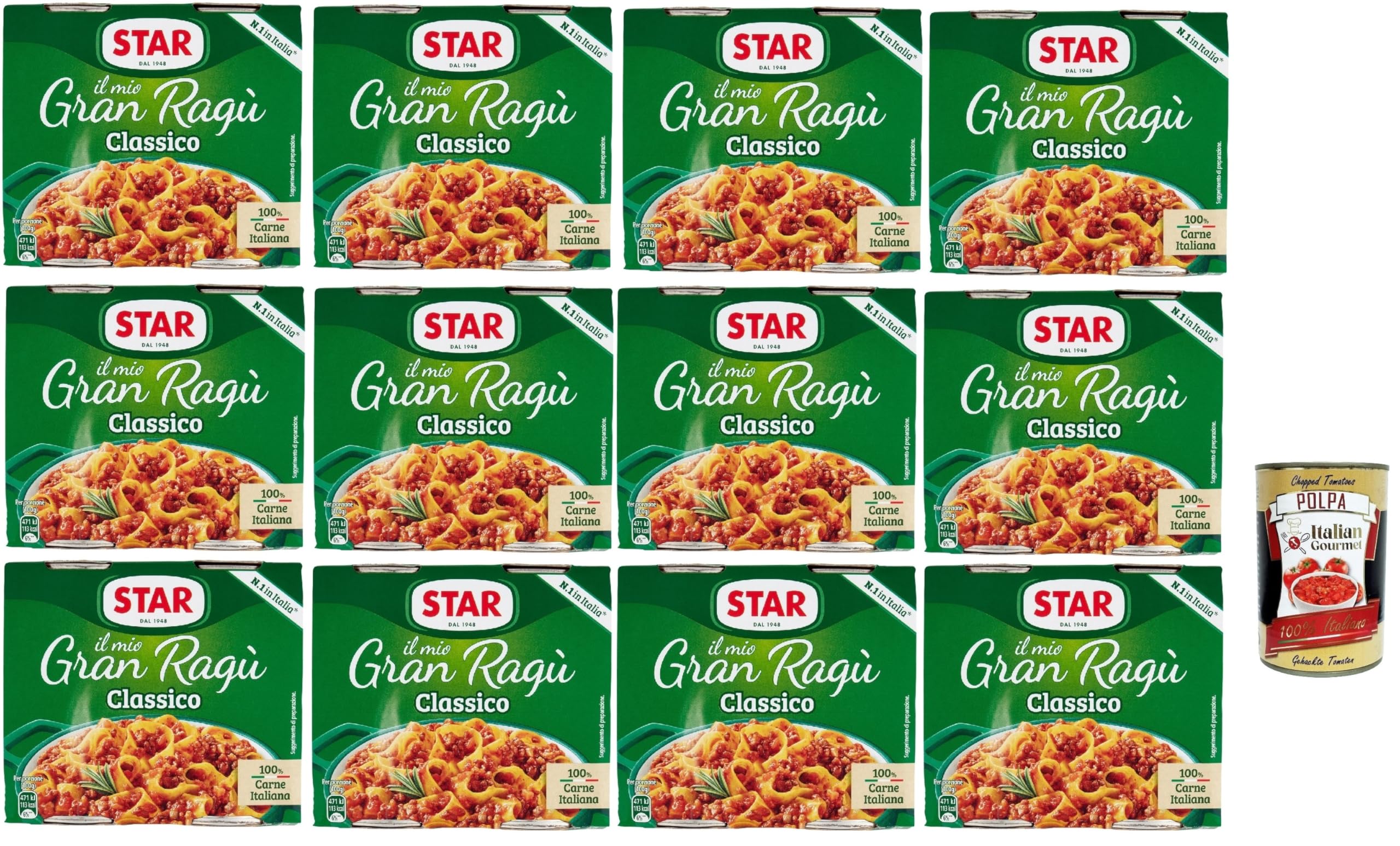 Italian Gourmet Il Mio Gran Ragù Classico sugo Fleischsauce Duo 24 x 180g | Con carne 100% italiana, pacco doppio; tafelfertig, kräftiger Geschmack, Gesamtnettogewicht 360 g + Kostenlos Polpa 400g
