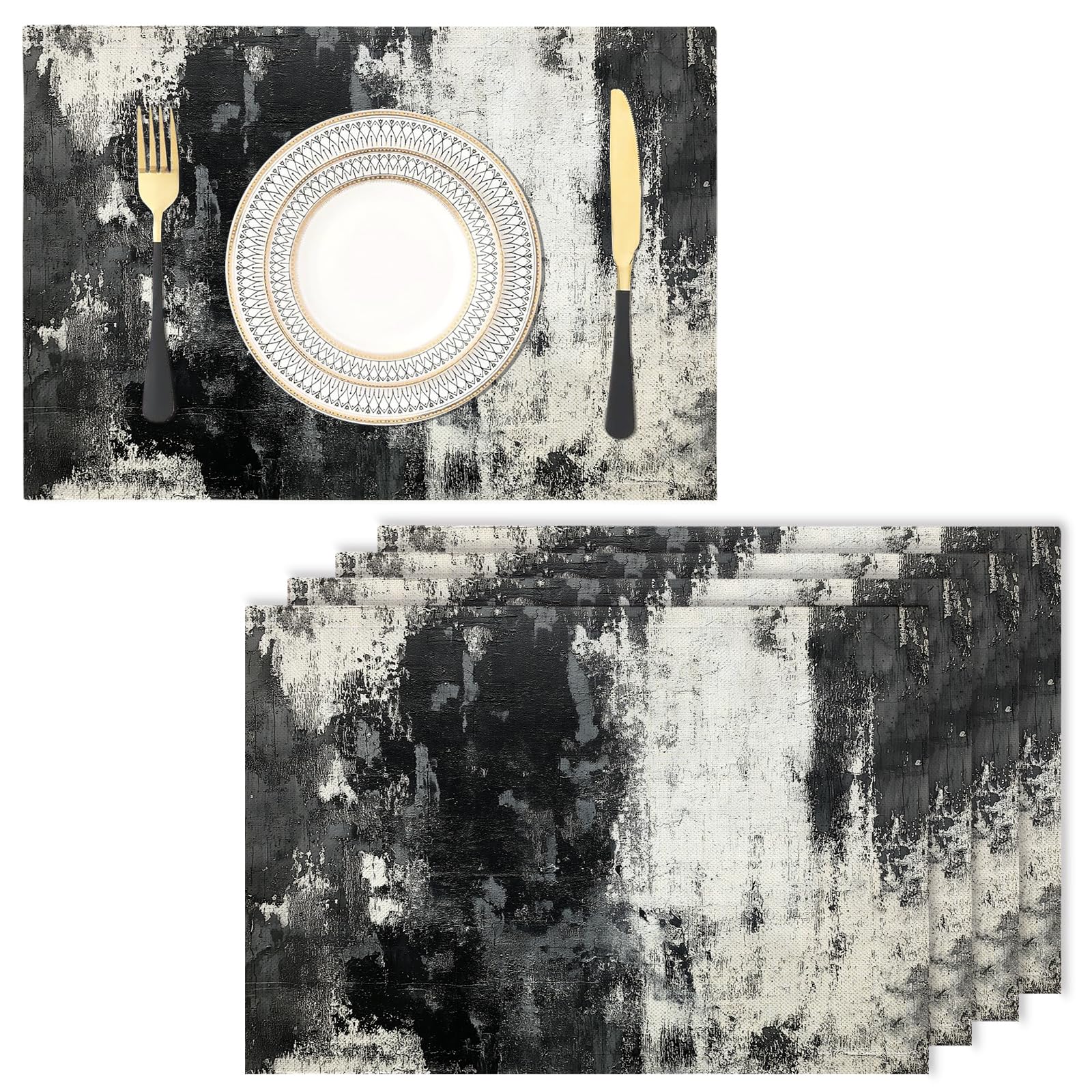 Cotton Linen Placemats - Graffiti - Pack of 2 black Heat Resistant Washable Dinner Mats Kitchen Dining Place Dinner Table Setting
