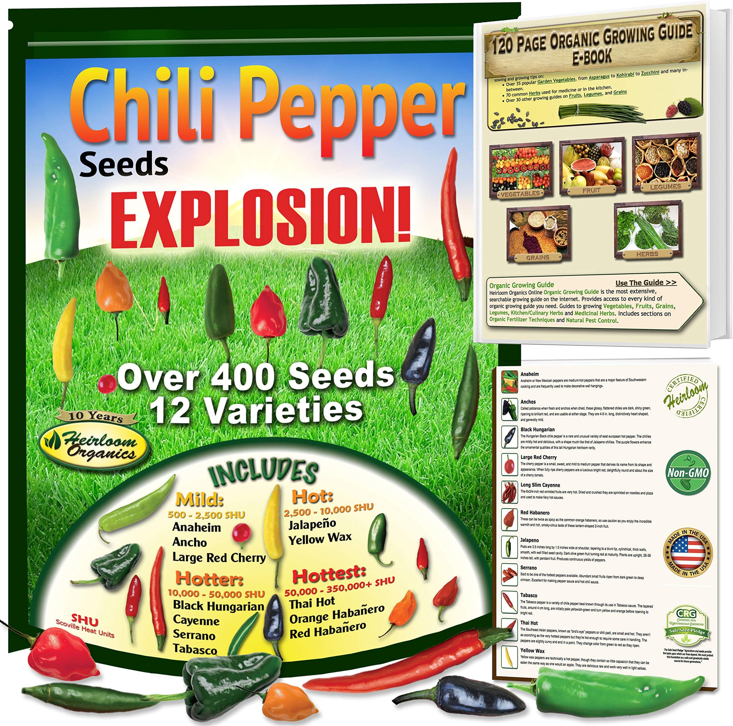 Chili Pepper Seeds EXPLOSION! 12 Heirloom, NON-GMO Hot Chilli Seed Collection Kit. Complete Organic Growing Guide Included. Jalapeno, Anaheim, Habanero or Scotch Bonnet, Ancho, Tabasco, Thai, Cayenne.