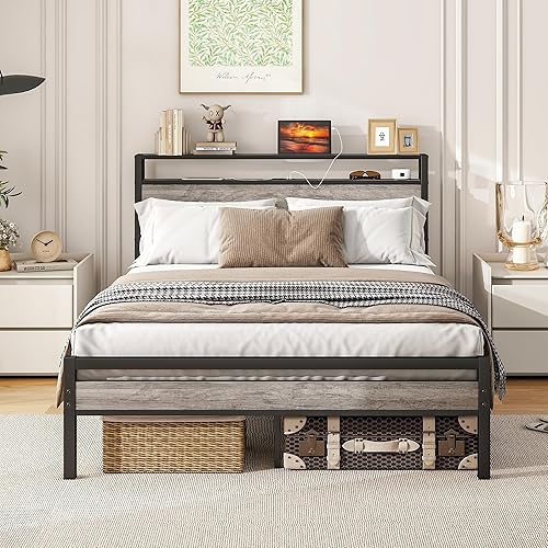 Miniatura 19 de BOFENG Base de cama individual con cabecera de almacenamiento/estación de carga USB, marco de cama de plataforma de metal resistente, tamaño Marrón