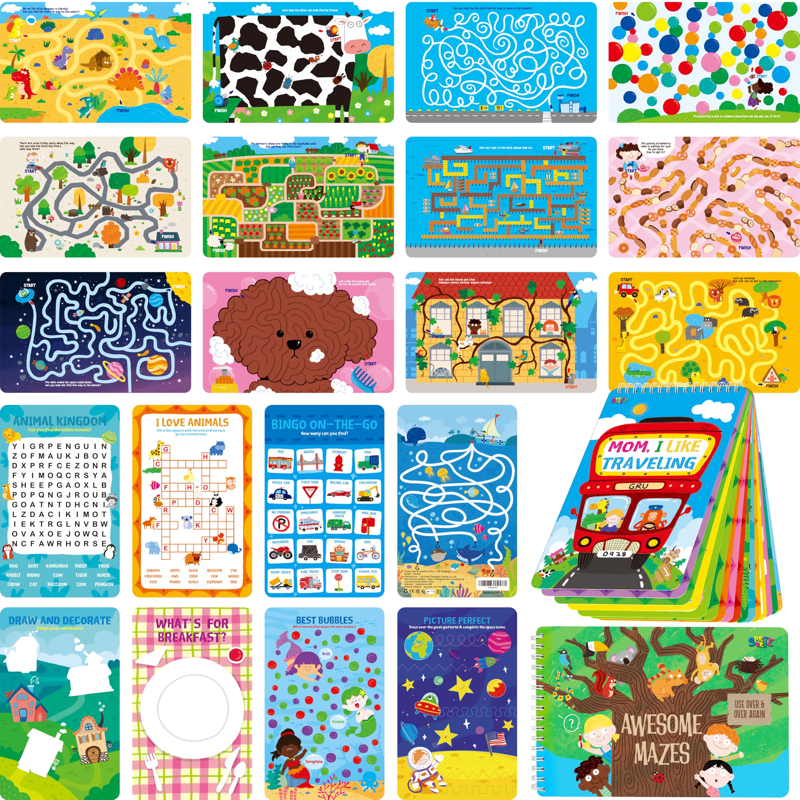 SpriteGru 2 Travel Game Pads, 61 Dry Erase Activities Games Reusable & Erasable Book, Fun Brain Challenge Games Interesting Educational Toy and