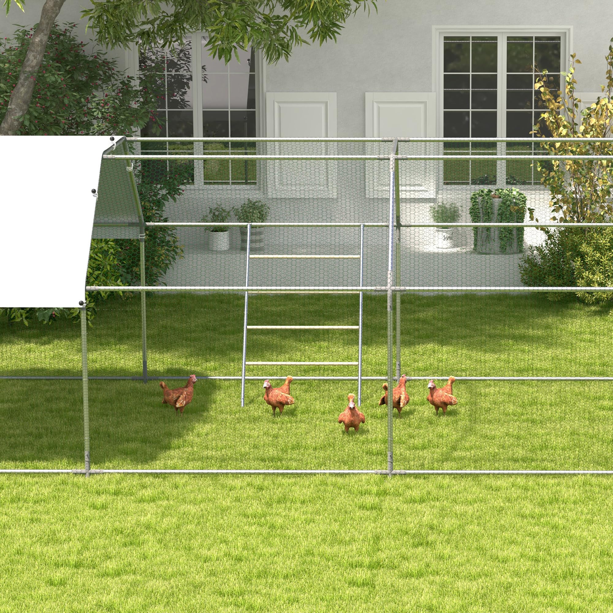 PawHut Trespolo per Galline a 4 Livelli, Posatoio per Galline in Legno e Acciaio Zincato, Scaletta per Pollaio per 4-6 Polli, 140x86x2.5 cm, Colore Legno