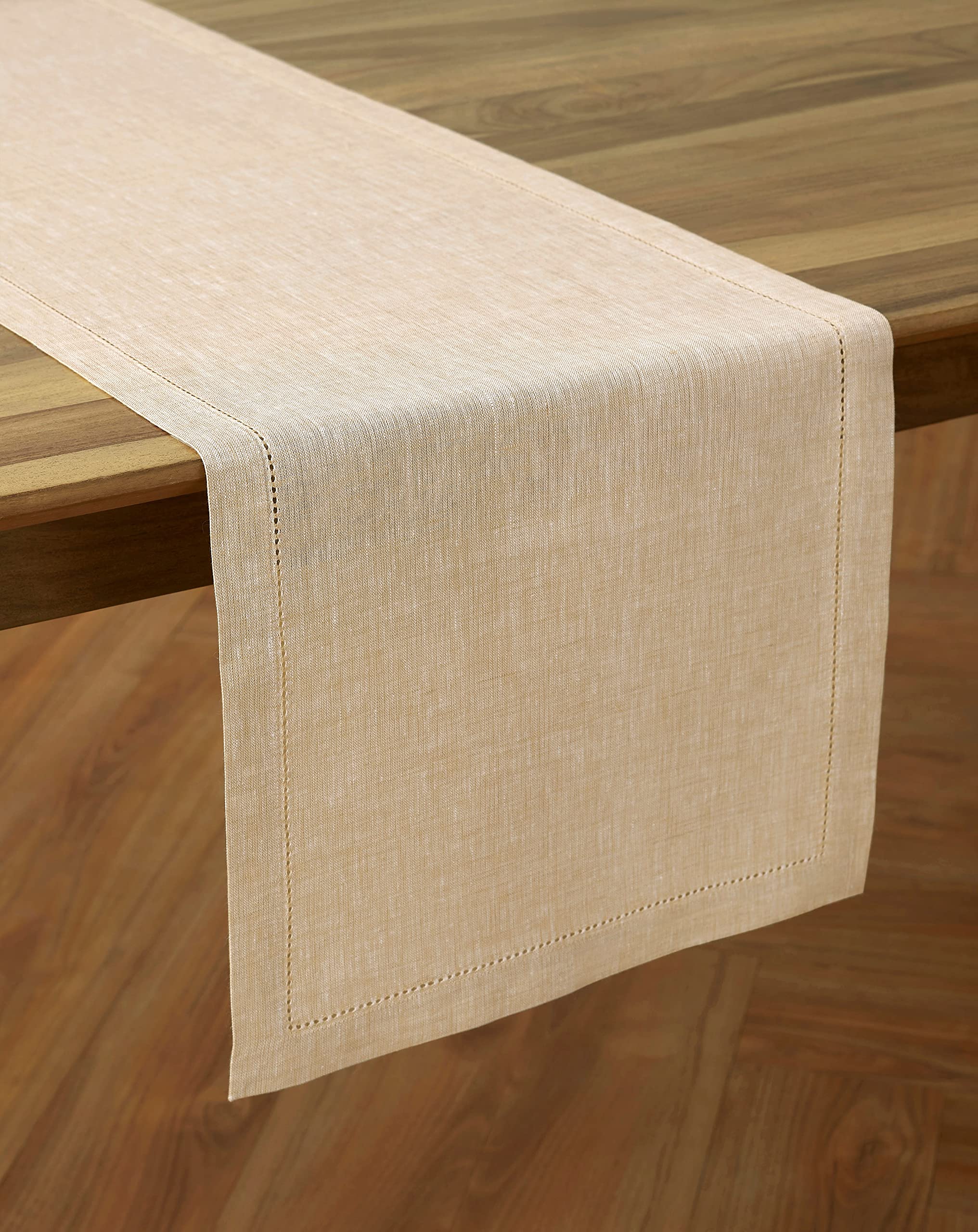 Solino Home Linen Table Runner Champagne Beige – 100% Pure Linen 14 x 120 Inch Hemstitch Table Runner for Fall, Thanksgiving, Christmas – Milan, Handcrafted from European Flax
