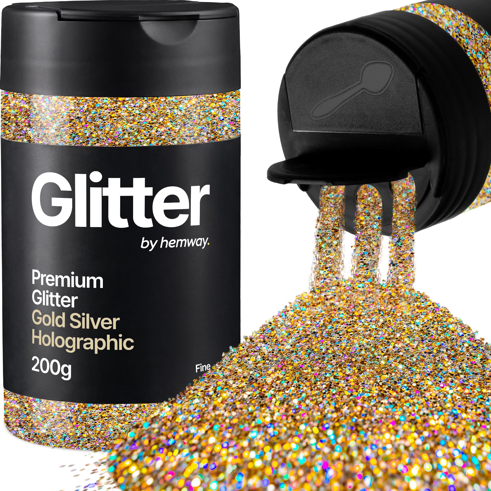 Hemway Gold Silver Holographic Glitter Shaker, 200g Fine Glitter for Crafts Metallic Flake Sequins for Resin & Epoxy Crafts for Decorating, Halloween, Christmas, Nail, Face, Art