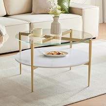 Shrine Modern Coffee Table with Glass Top Living Room Round Table 2 Tier 30 Inch White Wood Storage Coffee Table with Gold Table Legs Structure, Clear Glass Top