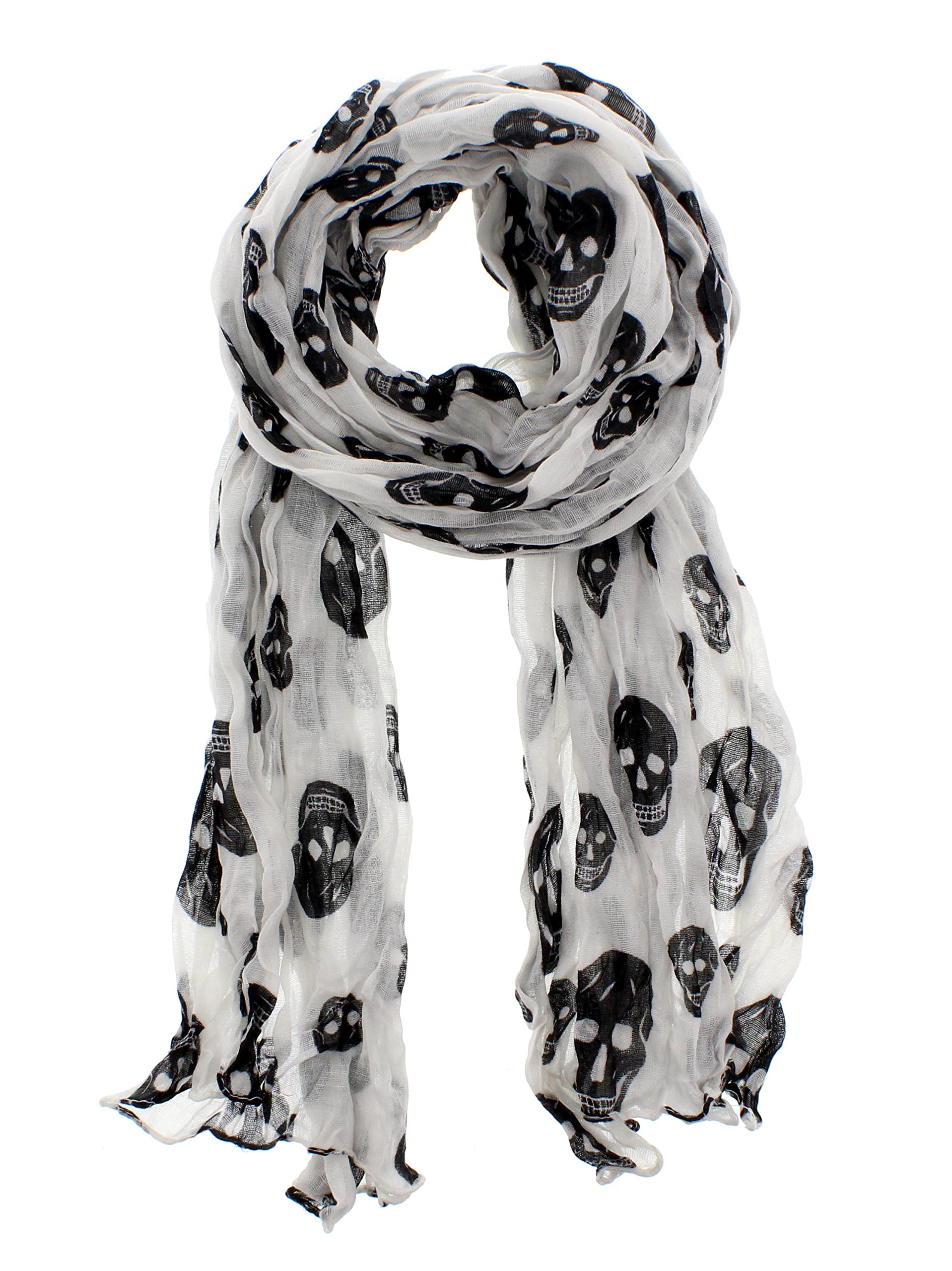 Zac's Alter Ego Women's White & Black Long Lightweight Skinny Wrinkled Scarf With Skull Print