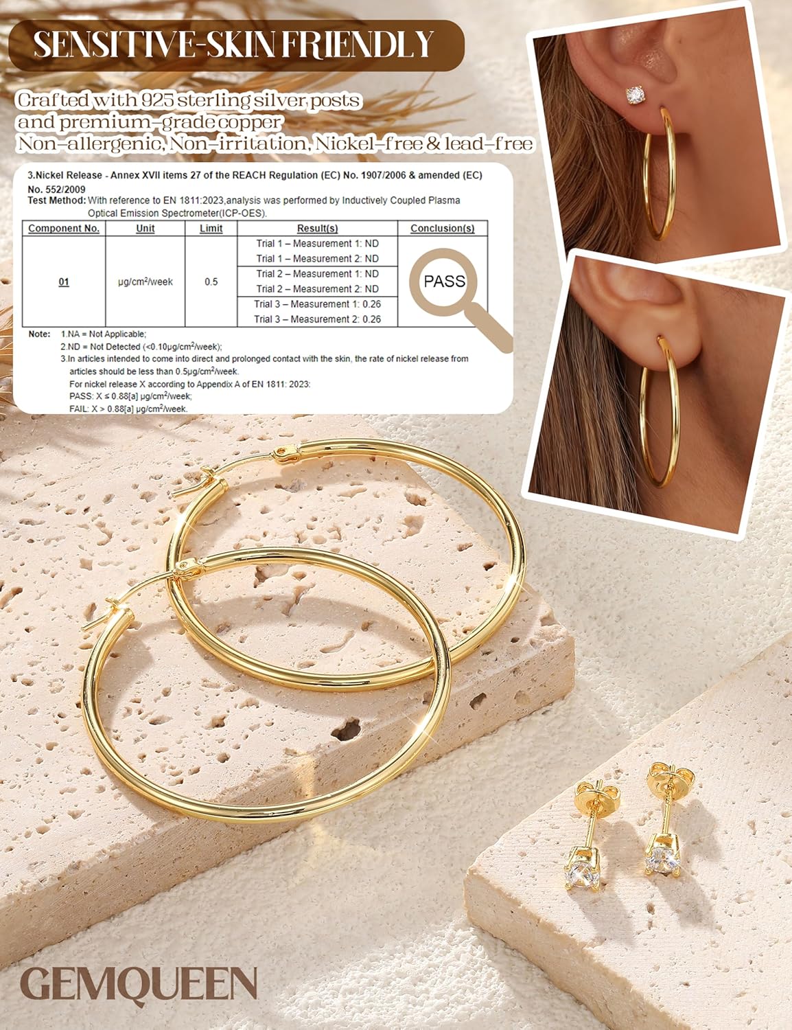 2 Pairs 14K Real Gold Plated 925 Sterling Silver Posts Medium Hoop Earrings Set for Women - Hypoallergenic Gold Hoops Earring & 5A CZ Studs Womens Everyday Stackable Lightweight Jewelry Gifts - Image 3