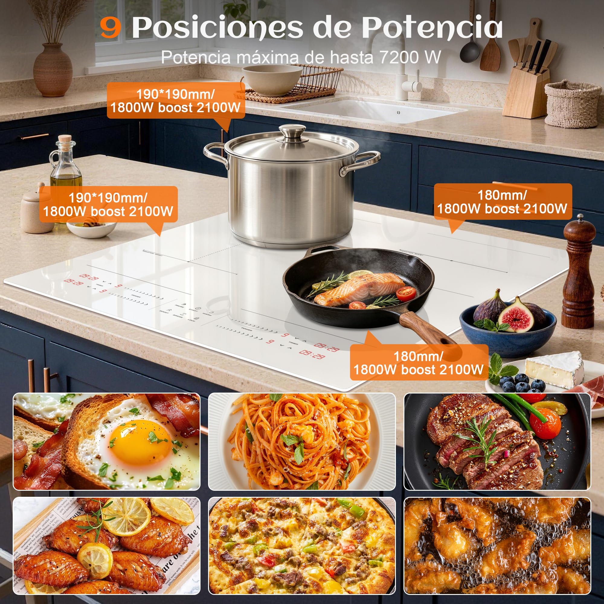 Hobsir Placa Induccion 4 Fuegos, Placa Induccion Blanca, Zona Flexible