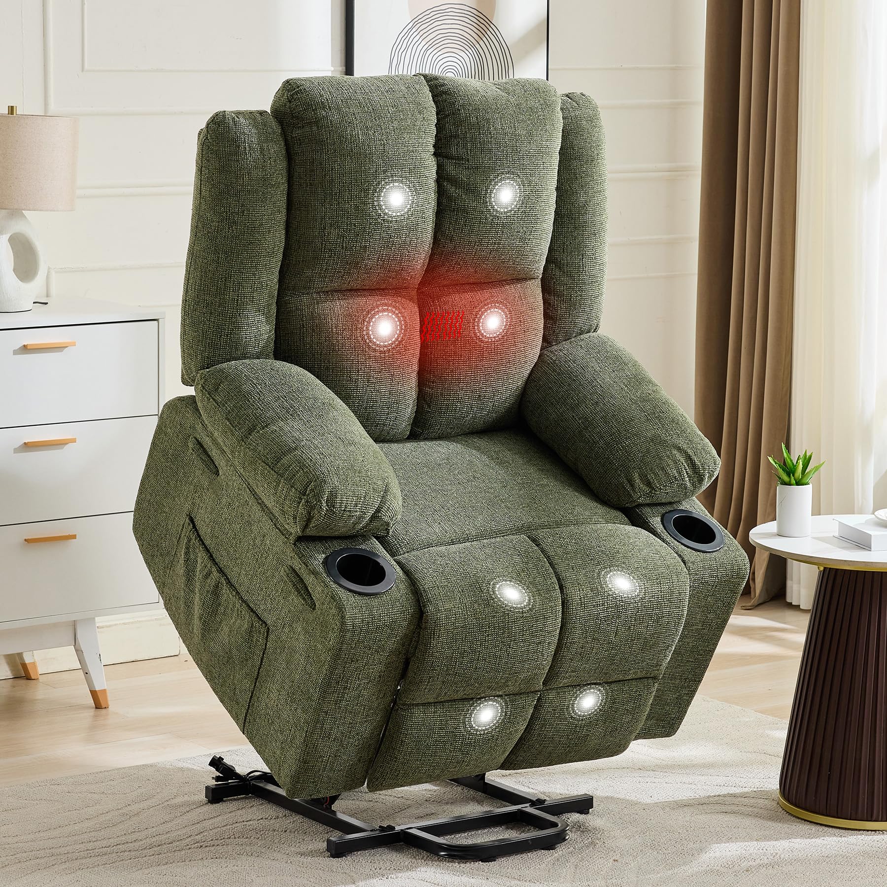 Oversized Power Lift Recliner Chair for Elderly, 135° Lay Flat Electric Recliner with Massage &amp; Heat, Stand Assist Lift Chair with 2 Cup Holders for Living Room,Green