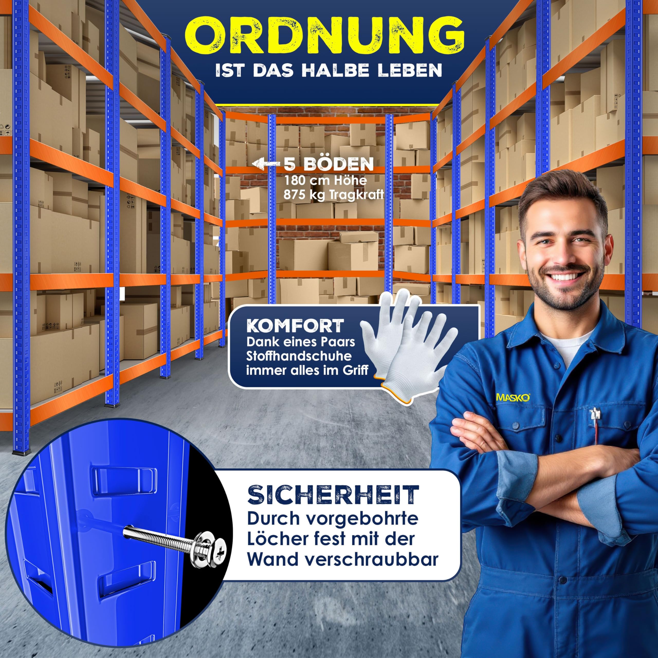 Regał narożny, magazynowy do dużych obciążeń, do piwnicy, 180 x 75 x 40 cm, do 875 kg, 5 regulowanych półek, płyty MDF, regał z metalu, regał wtykowy, regał warsztatowy, piwnica, garaż,