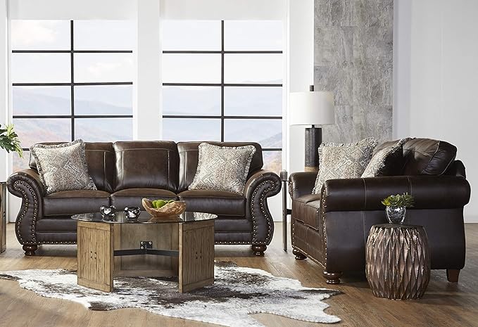 Roundhill Furniture Leinster Faux Leather Sofa and Loveseat with Antique Bronze Nailheads in Espresso