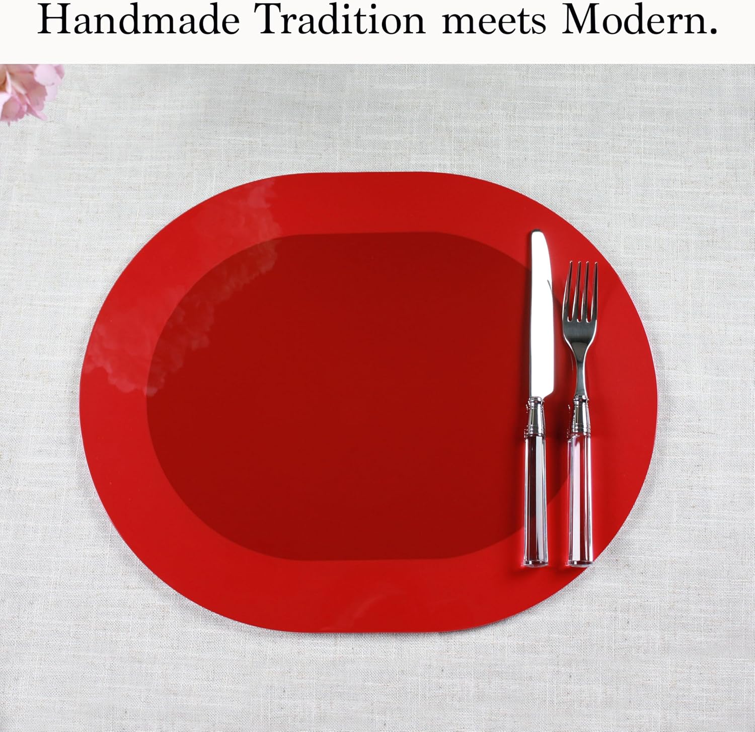 Lacquered Wood Placemats Set of 2 - Handcrafted Artisanal Two-Tone Oval Design Easy Care Table Mats - Luxury Gift, Wedding, Mother's Day Table Mat,16.5 x 13.5 inch, Red