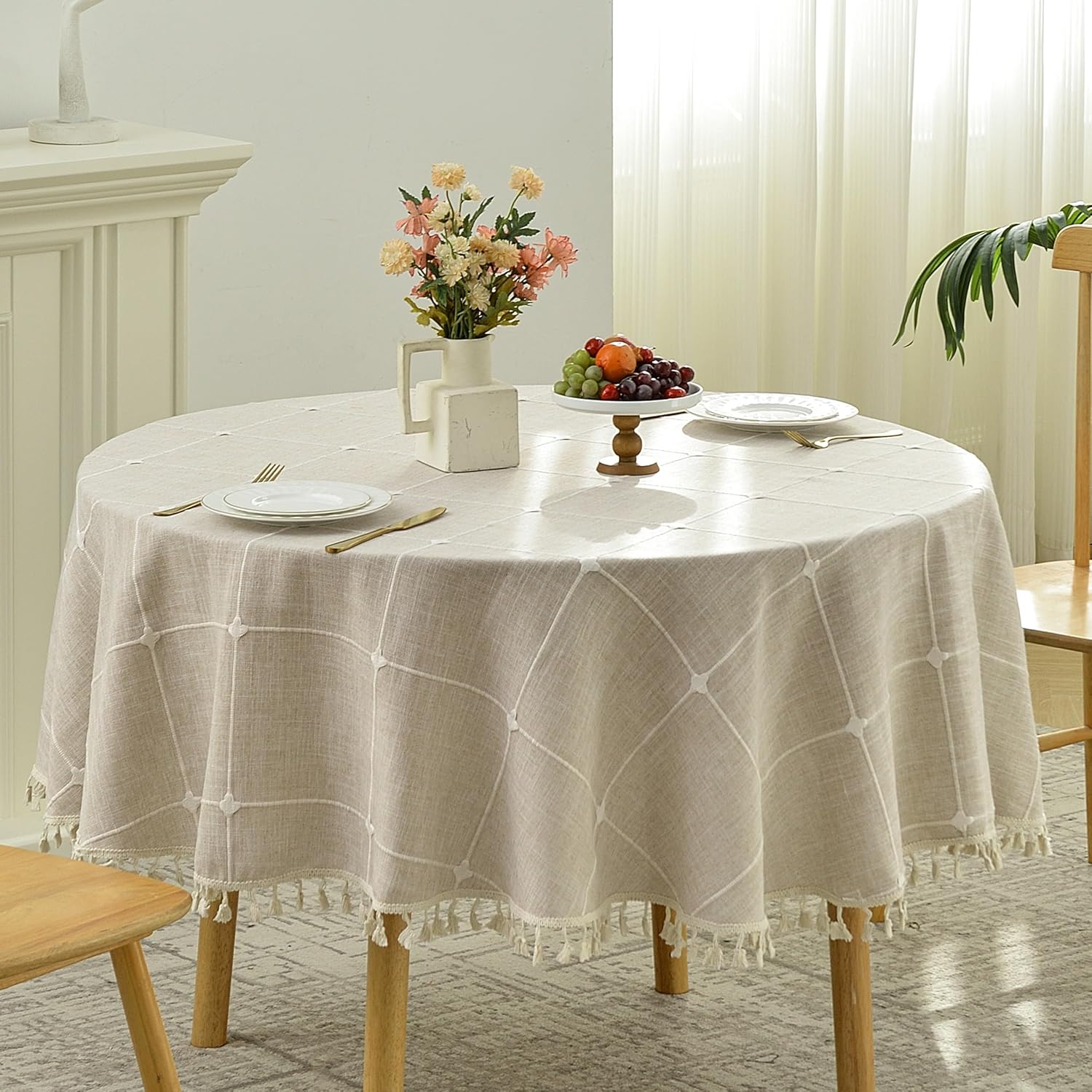 Lattice Embroidery Round Tablecloth with Tassel, Heavy Duty Cotton Linen Fabric Wrinkle Resistant Table Cloth Cover for Kitchen Dining Party Decoration, Round 70 Inch, Beige