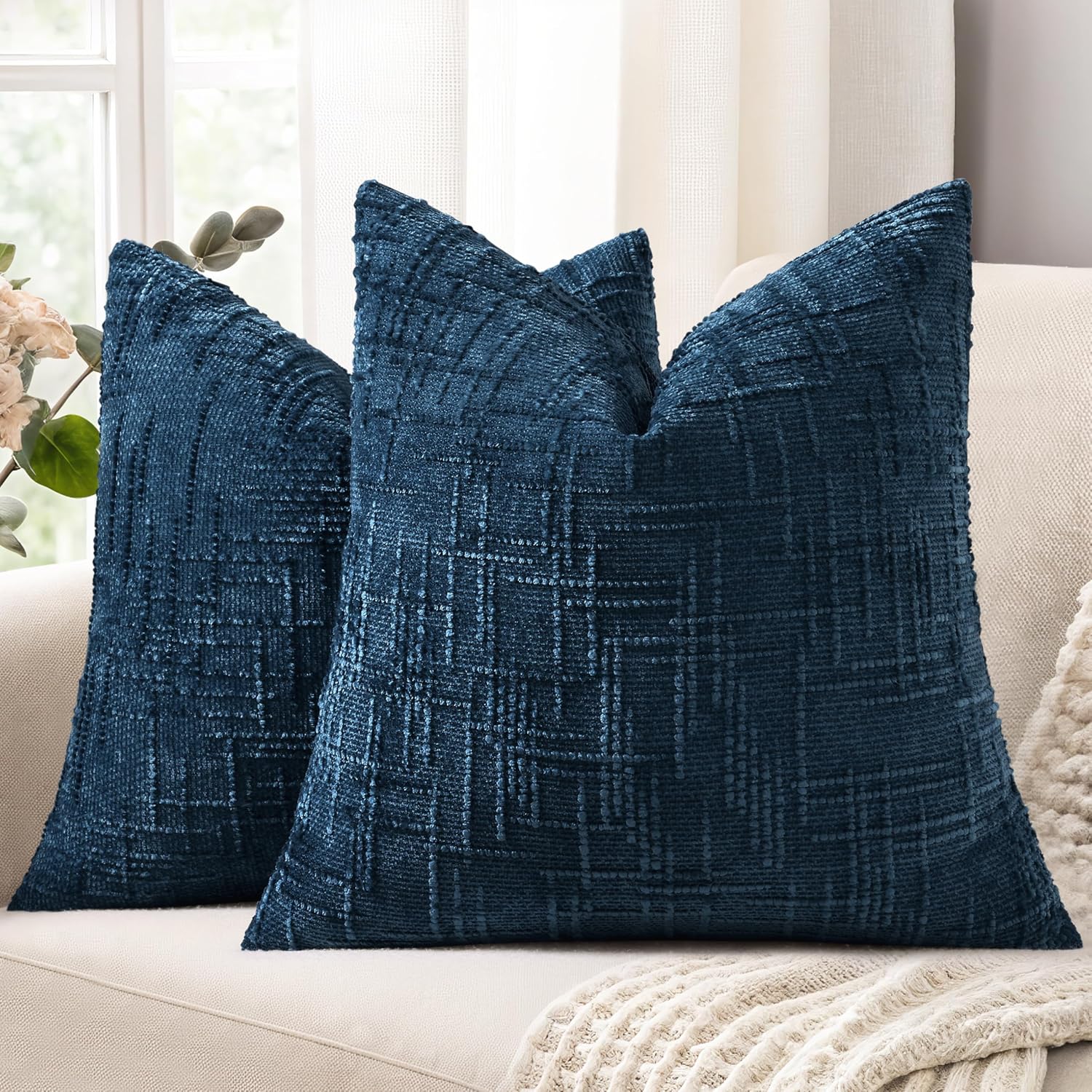 decoruhome navy blue chenille throw pillow covers 20x20 set of 2 thick textured slubby couch pillow covers farmhouse accent modern neutral decorative pillow cases for bed sofa living room 20" x 20" (pack of 2) navy blue