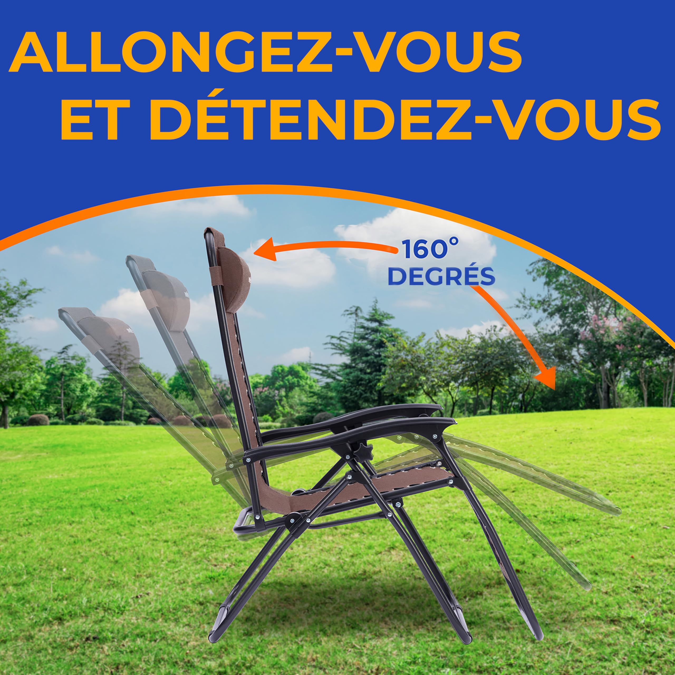 SereneLife Set de 2 Chaises Pliantes - Chaise Longue Réglable pour Extérieur avec Table Latérale, Porte-Gobelets, Oreillers Amovibles - Patio, Jardin, Plage - Marron