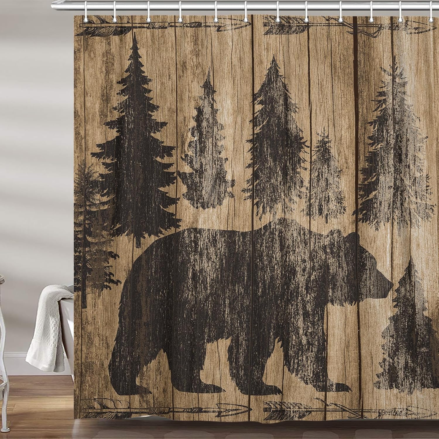Rustic Cabin Bear Shower Curtain, Hunting Woodland Country Forest Native Lodge Animas Print Fabric Shower Curtains Set for Bathroom Decorative, Brown Restroom Decor Accessories with Hooks 72X75 inch