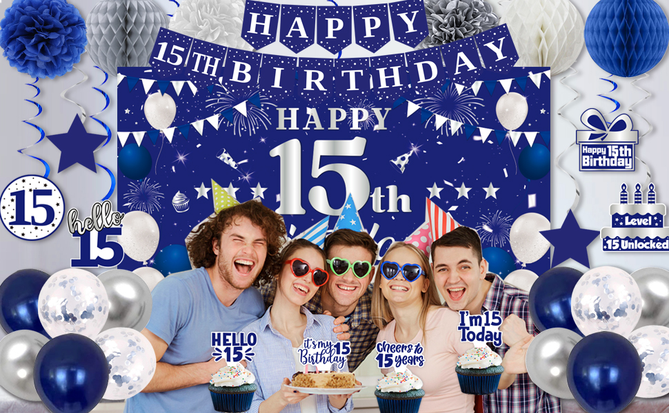15th Birthday Decorations For Boys Girls, Navy Blue Silver Happy 15th...