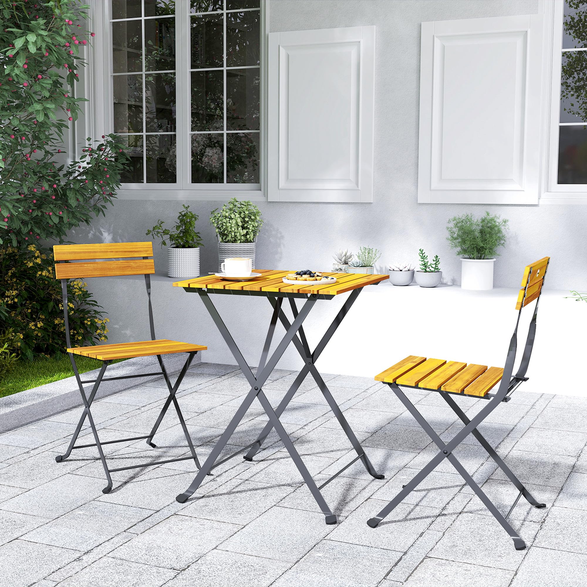 Outsunny Ensemble Bistrot de Jardin 3 Pièces, Salon de Jardin Extérieur 2 Personnes, Table Basse en Bois d'Acacia et Acier