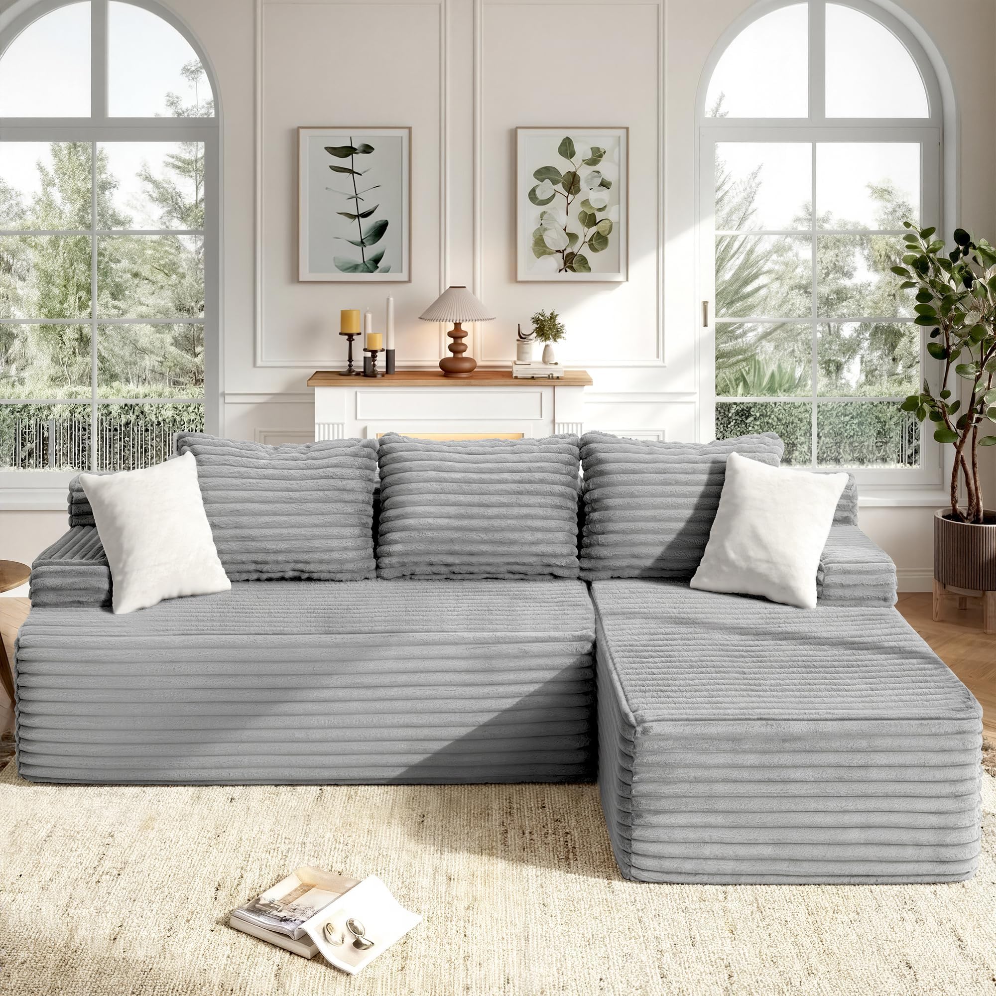 Modular Sectional - L-Shape Cloud Seating with Memory Foam, Convertible 3-Seat Living Room Furniture, Oversized Chaise Lounge, Washable Cover (Light Grey, 98", Right Hand Facing)