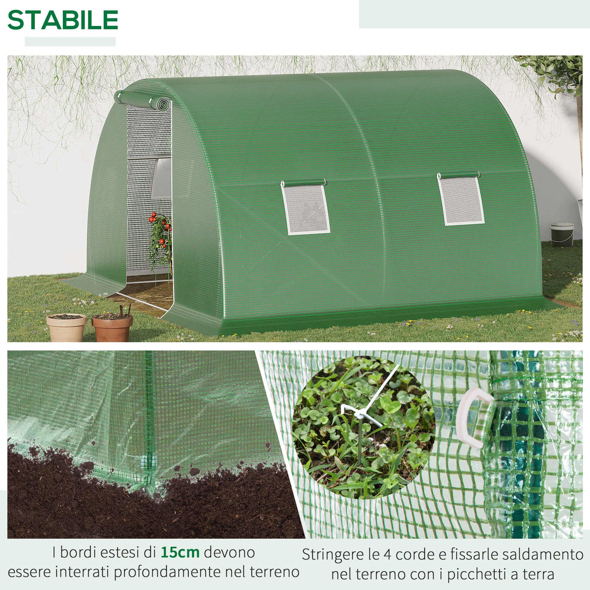 Outsunny Serra a Tunnel da Giardino e Orto 3x3x2m con Copertura in PE, Serra per Piante con Porta e Finestre Avvolgibili, Verde