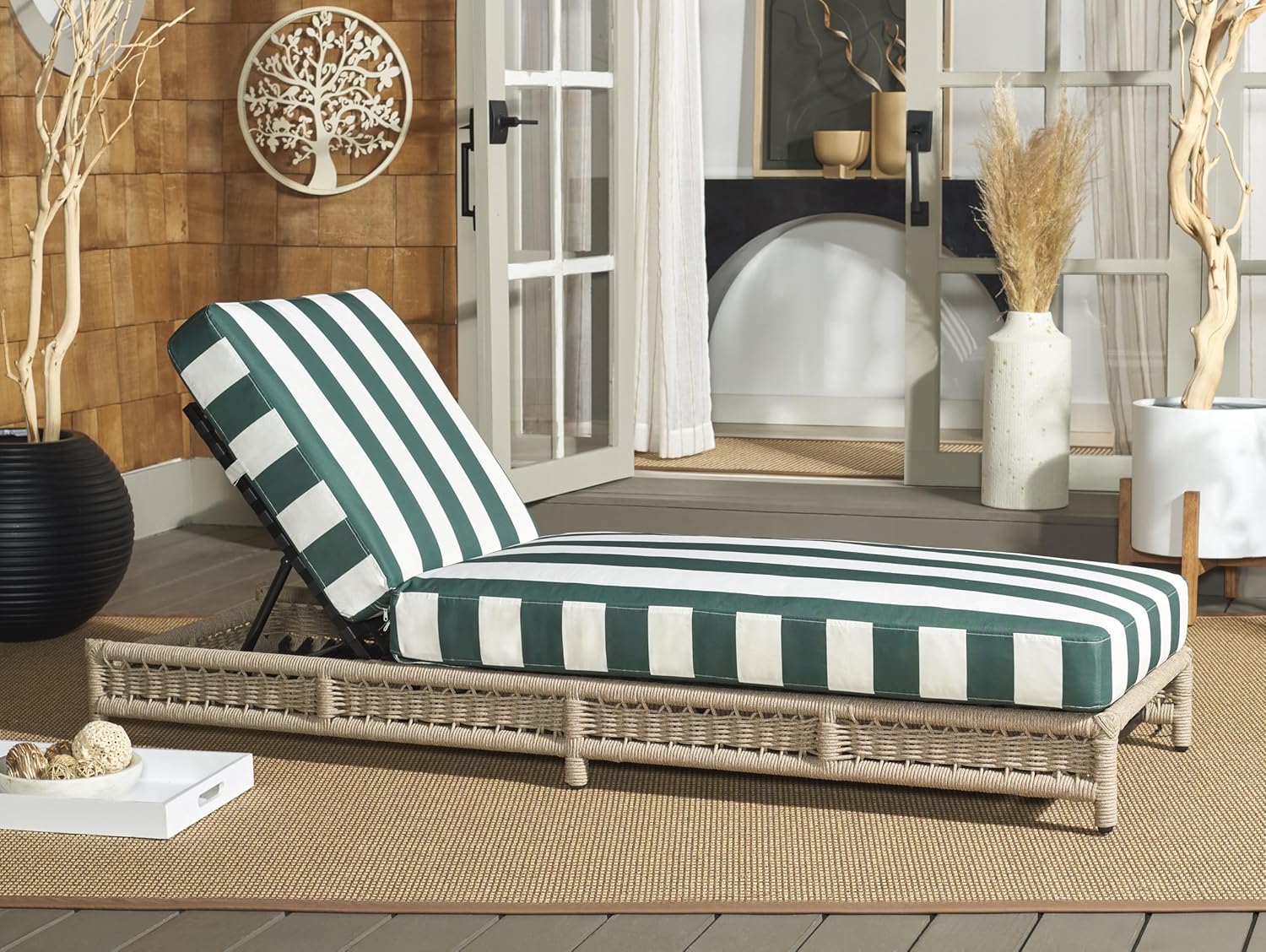 SAFAVIEH Outdoor Patio Furniture Collection - Callan Heather Tan Rope Chaise Lounge Chair, Hunter Green Stripe Cushion, 6 Reclining Positions, Fully Assembled (PAT7547H)