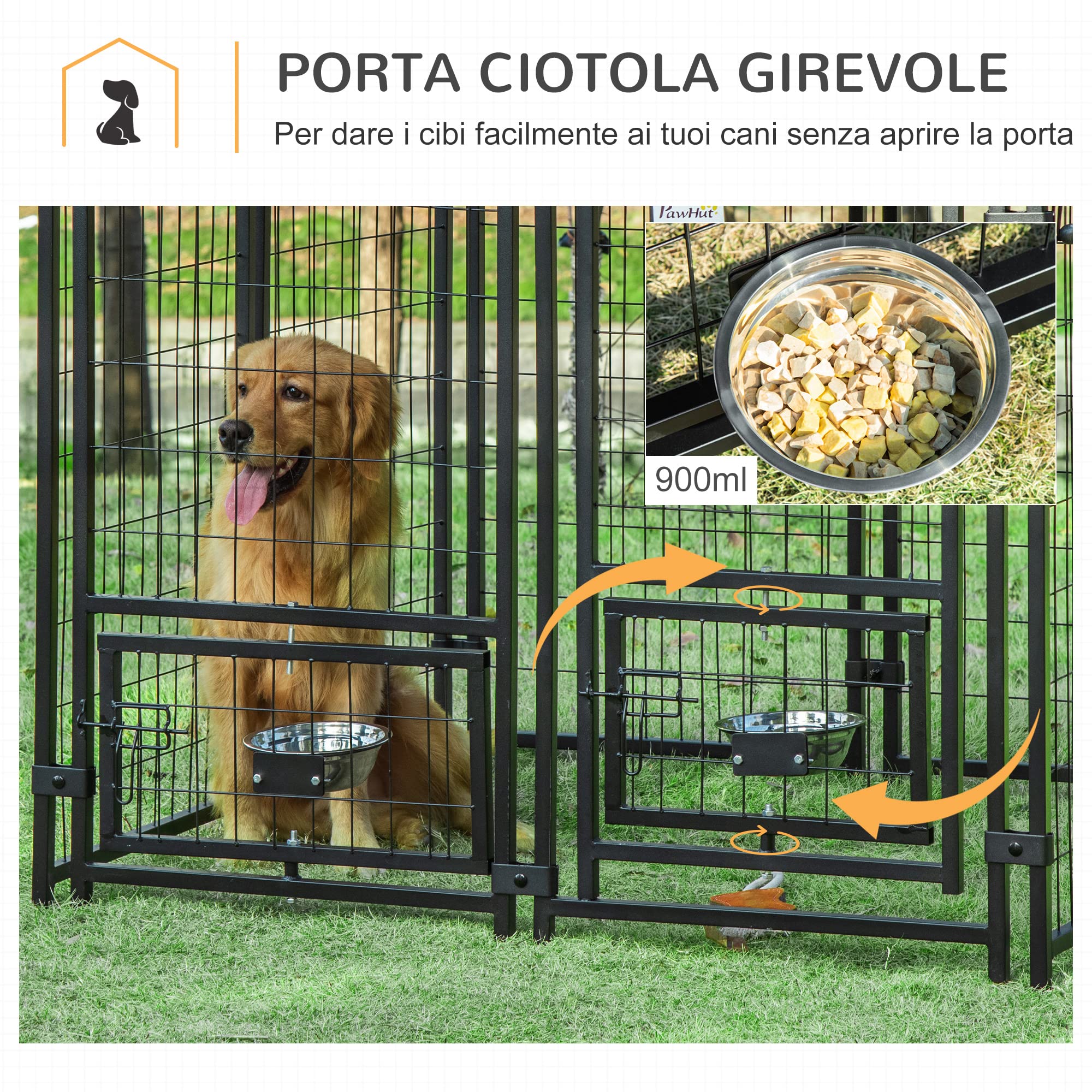 PawHut Recinto per Cani da Esterno con Serratura Kennel Nero e Rosso | Box per Animali in Acciaio, 2 Ciotole Girevoli, Copertura in Tessuto Oxford