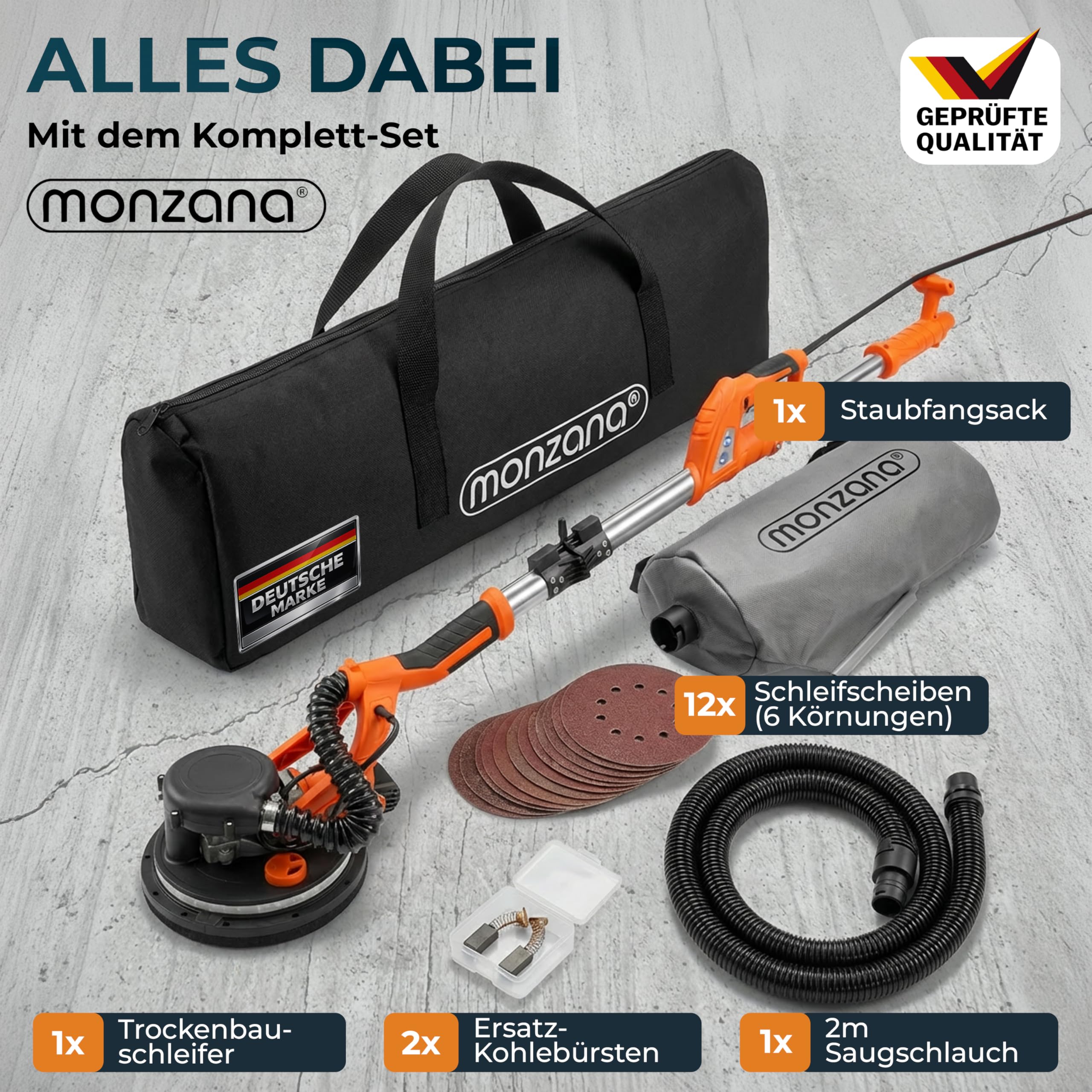 MONZANA® Trockenbauschleifer 750 Watt max Drehzahl 1750 U/min 12x Ø 225mm Schleifscheiben inkl Absaugbeutel LED-Licht Deckenschleifer Schleifmaschine