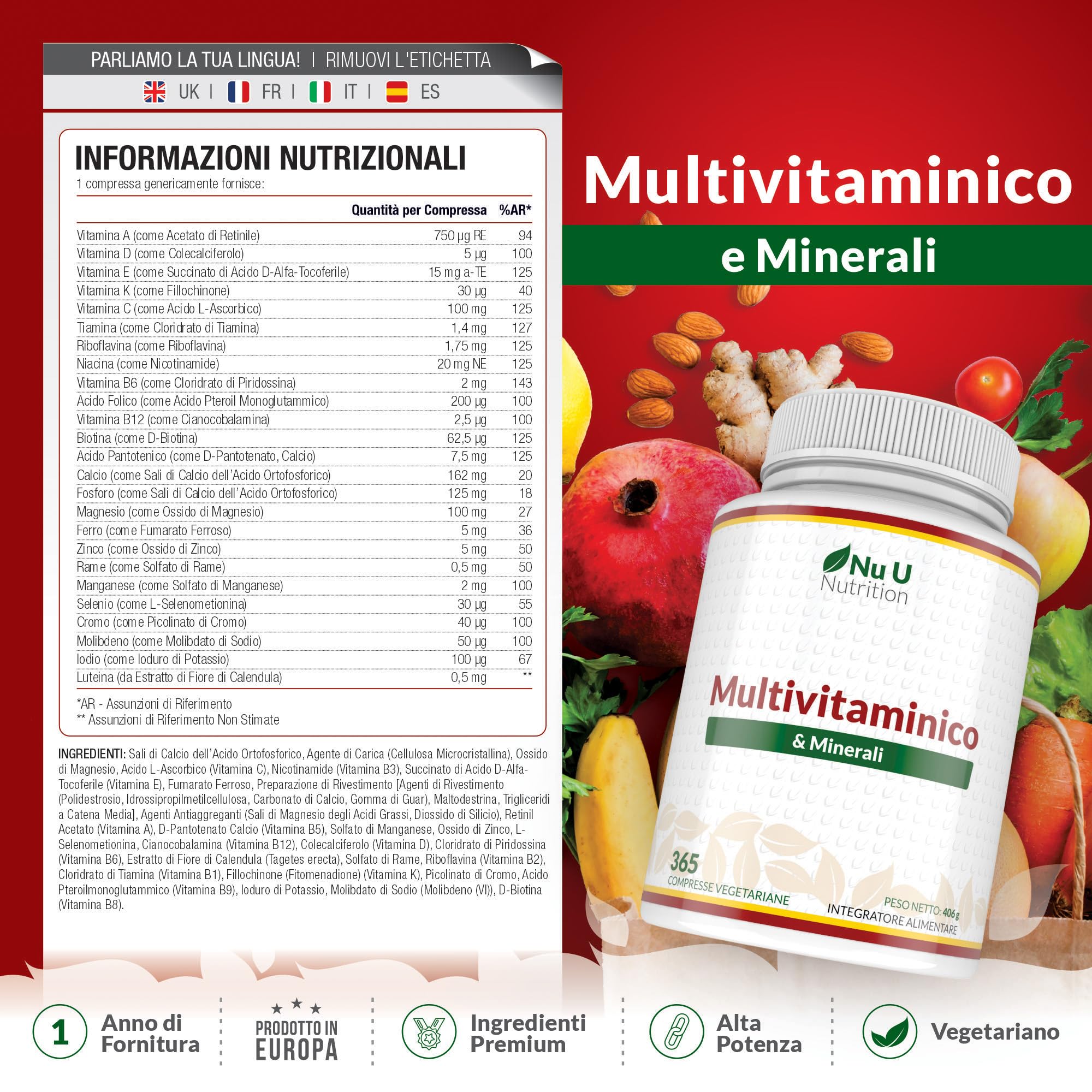 Multivitaminico Completo - 365 Compresse (1 Anno di Scorta) - 25 Vitamine e Minerali Essenziali per Uomo e Donna - Adatto ai Vegetariani - Prodotto in Europa - Integratore Nu U Nutrition